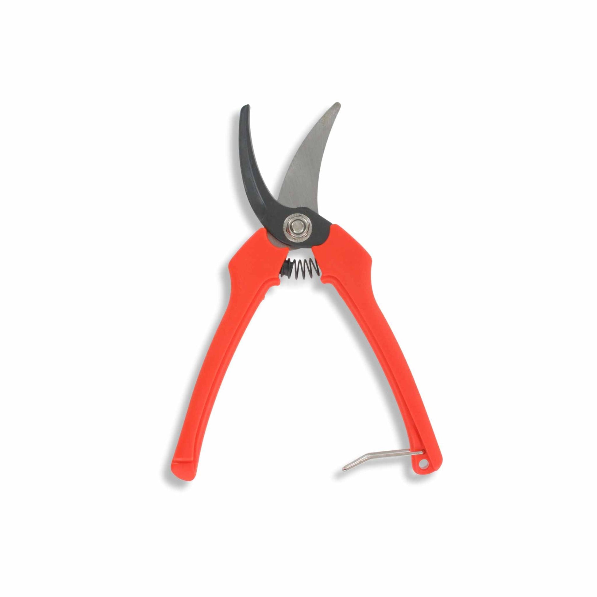 Positioned open on a white background, Bootstrap Farmers Harvesting Pruning Shears feature red ergonomic handles for comfort and stainless steel blades.