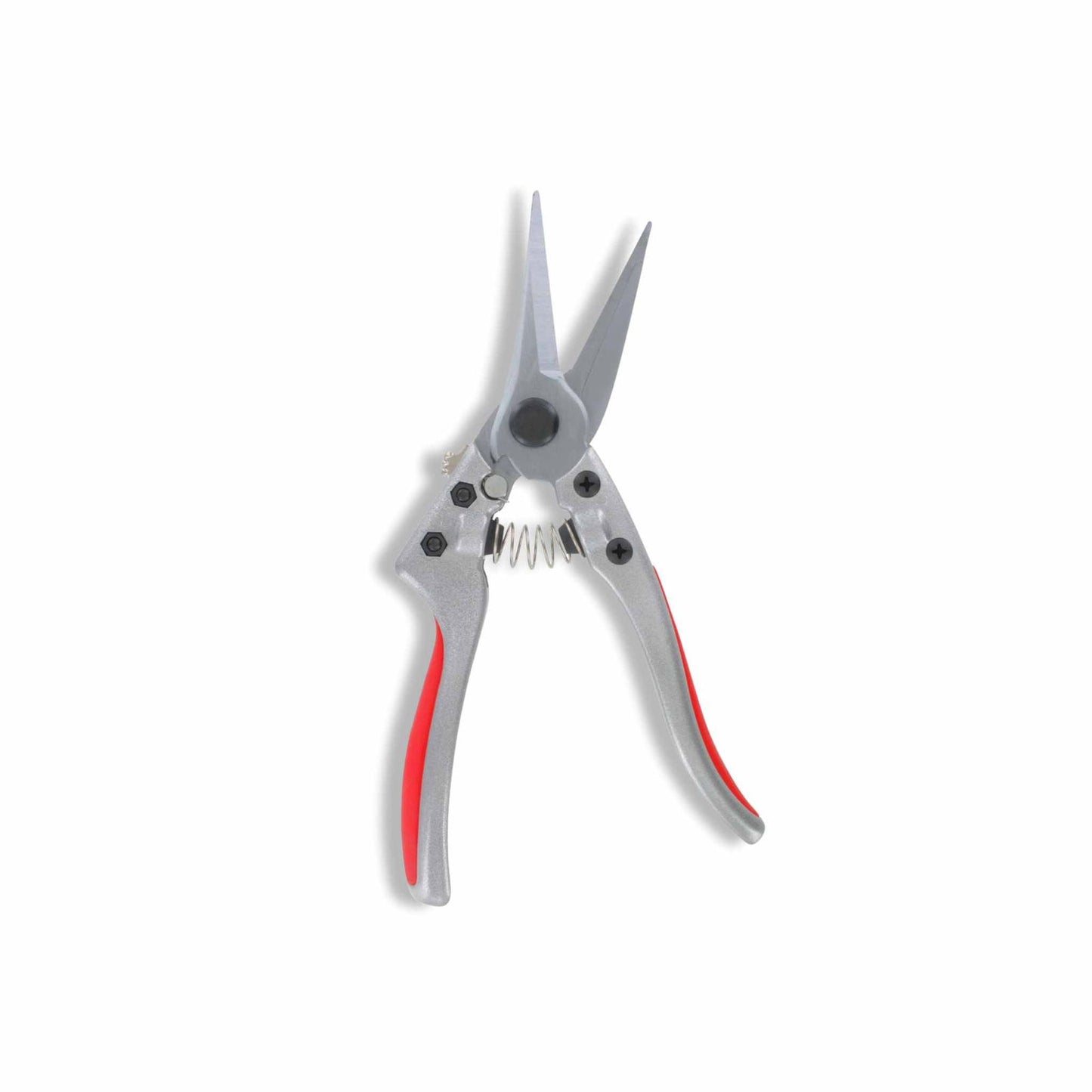 The Bootstrap Farmer Silver Line Pruner, shown open against a white background, features high carbon steel blades (curved or straight) and ergonomic red and gray handles.