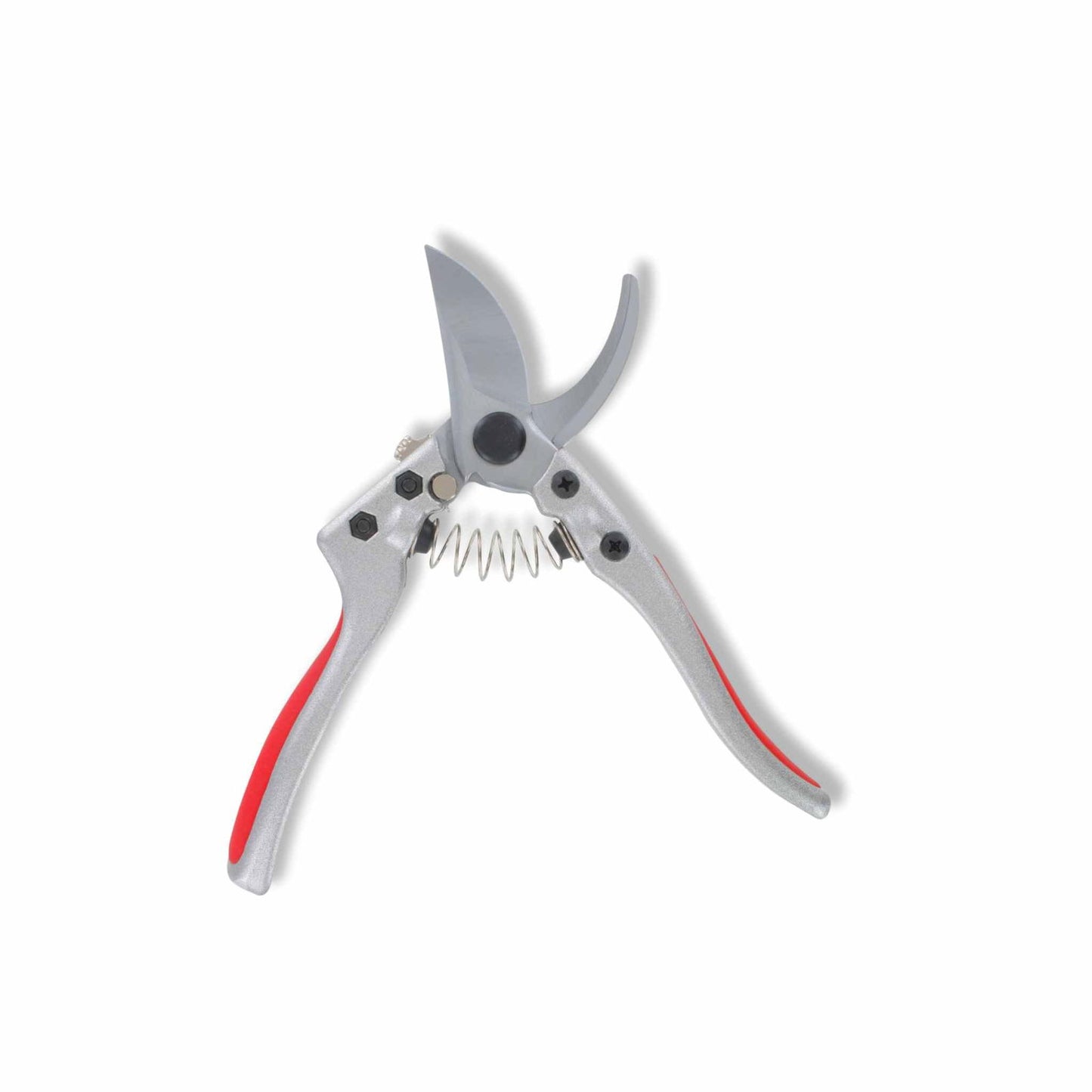 The Bootstrap Farmer Silver Line Pruner, available with curved or straight high carbon steel blades and red accents, features a spring mechanism and is shown open against a white background.