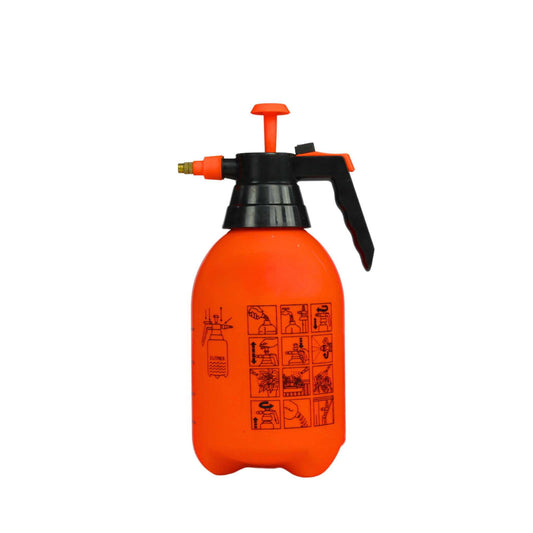 The Bootstrap Farmer 2L Pressure Sprayer is an orange handheld garden tool with a black handle and adjustable nozzle. Illustrated instructions are printed on the body, and the sprayer stands upright on a white background.