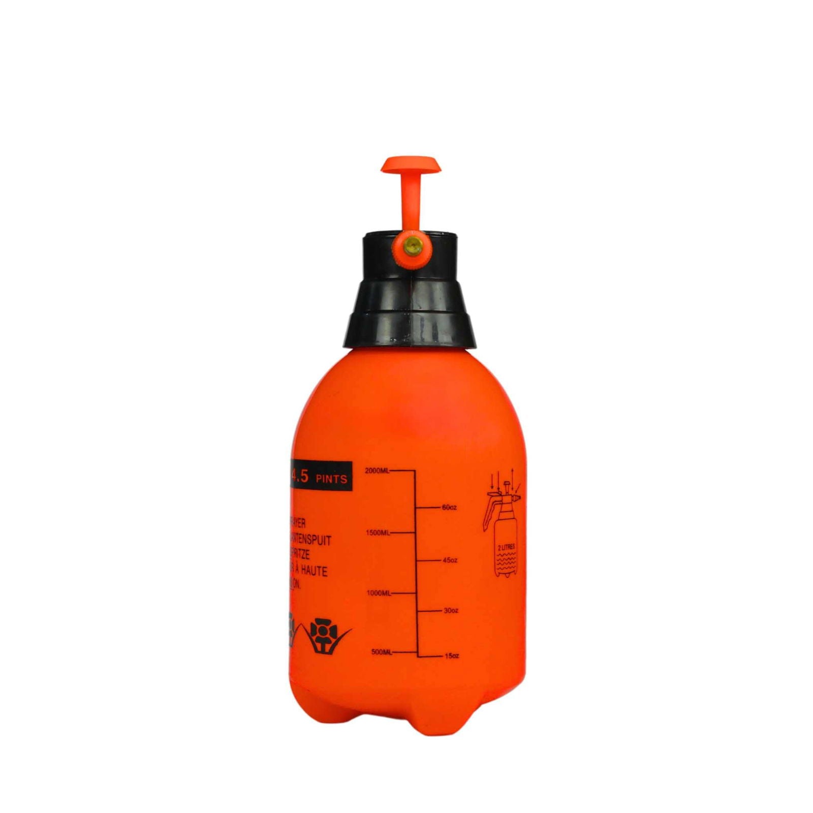 The Bootstrap Farmer 2L Pressure Sprayer is an orange plastic handheld sprayer with a black pump handle, adjustable nozzle, and side markings for measuring liquid quantities.