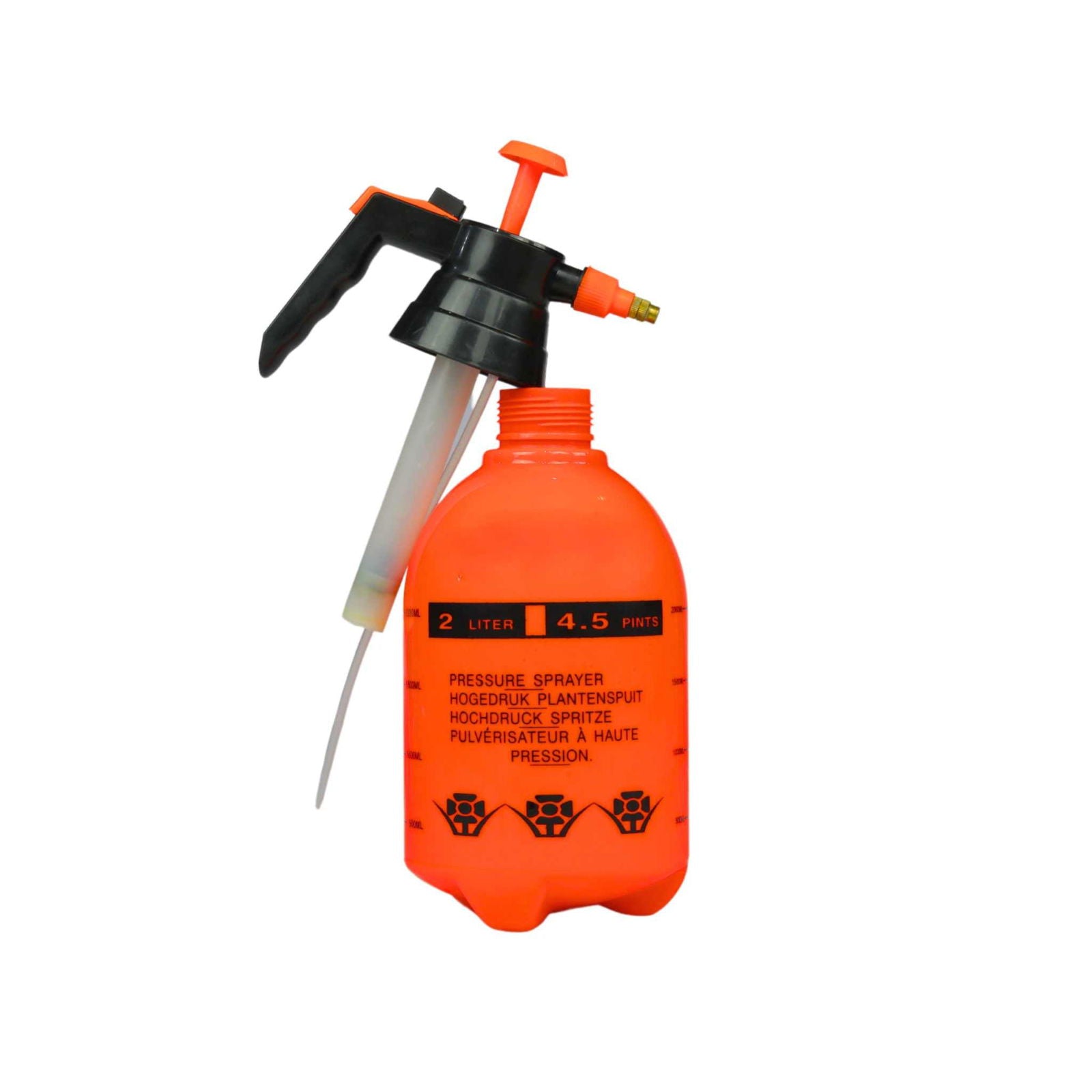 The Bootstrap Farmer 2L Pressure Sprayer features an orange bottle with a black handle, adjustable nozzle, and measurement markings. Its visible spray tube is designed for precise application of liquids.