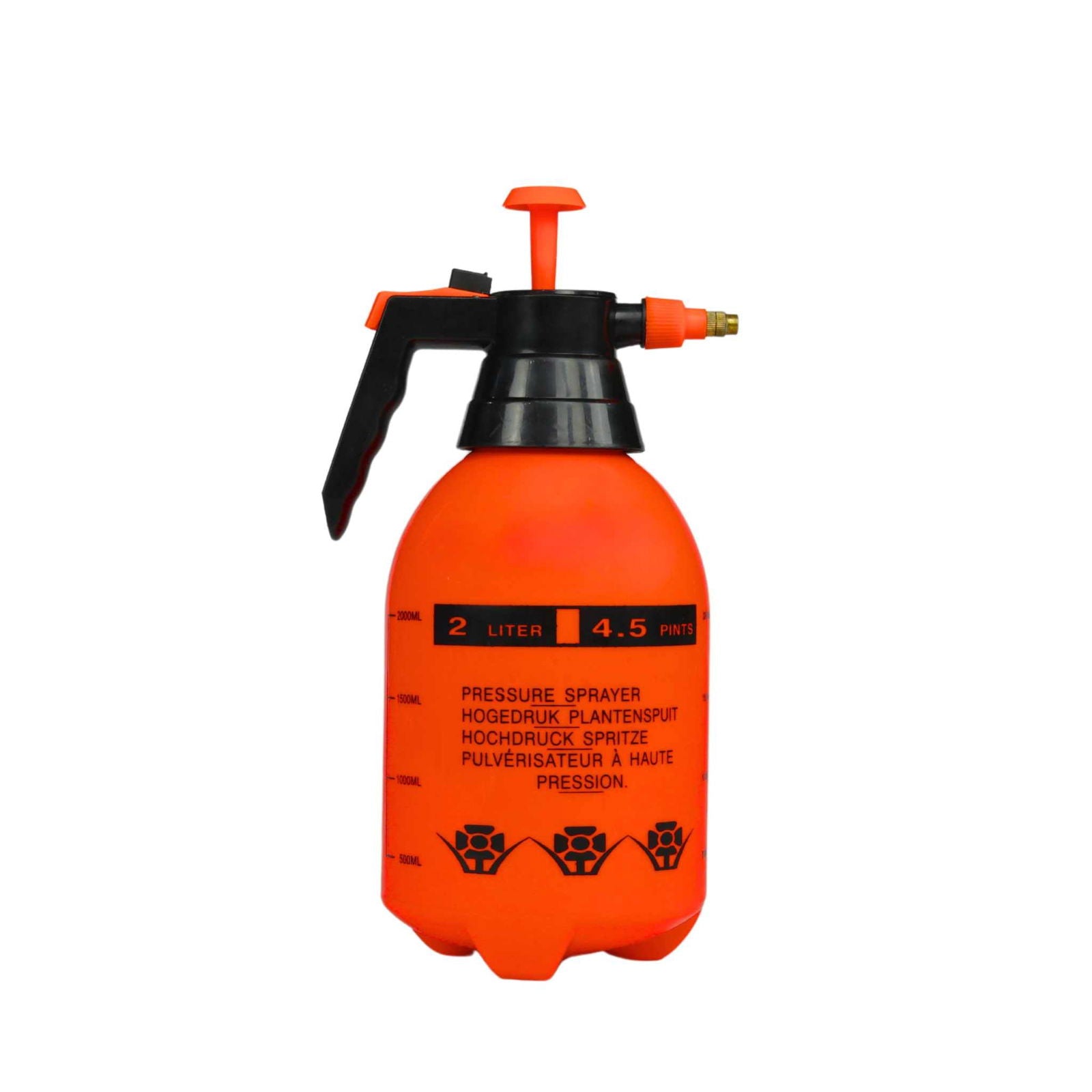 The Bootstrap Farmer 2L Pressure Sprayer is red with a black handle, pump, and adjustable nozzle. It features measurement markings and multilingual text on the body for easy use.