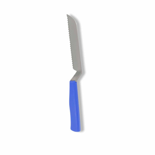 The Bootstrap Farmer Harvest Knife for Spinach & Leafy Greens features a serrated C60 steel blade with an offset design and blue handle, ideal for slicing bread or similar foods—a plain white background accentuates its structure.