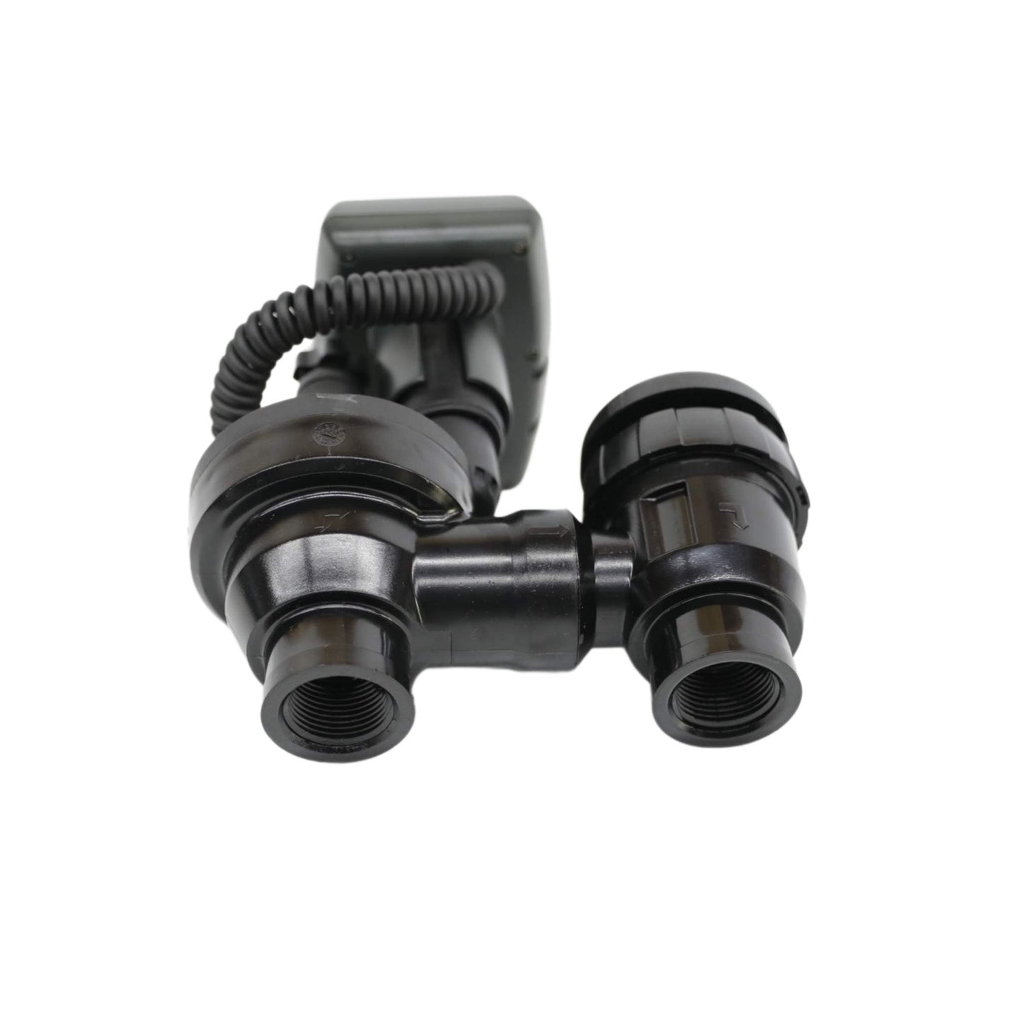 Close-up of a black plastic plumbing connector with multiple joints and threaded ends, featuring coiled black wiring. This Bootstrap Farmers LEIT 1 Irrigation Controller with 3/4″ Anti-Siphon Valve, on a plain white background, is crucial for solar-powered irrigation systems.