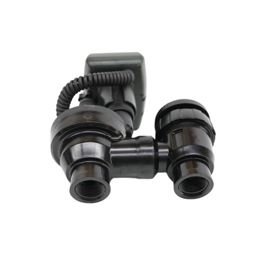 Close-up of a black plastic plumbing connector with multiple joints and threaded ends, featuring coiled black wiring. This Bootstrap Farmers LEIT 1 Irrigation Controller with 3/4″ Anti-Siphon Valve, on a plain white background, is crucial for solar-powered irrigation systems.