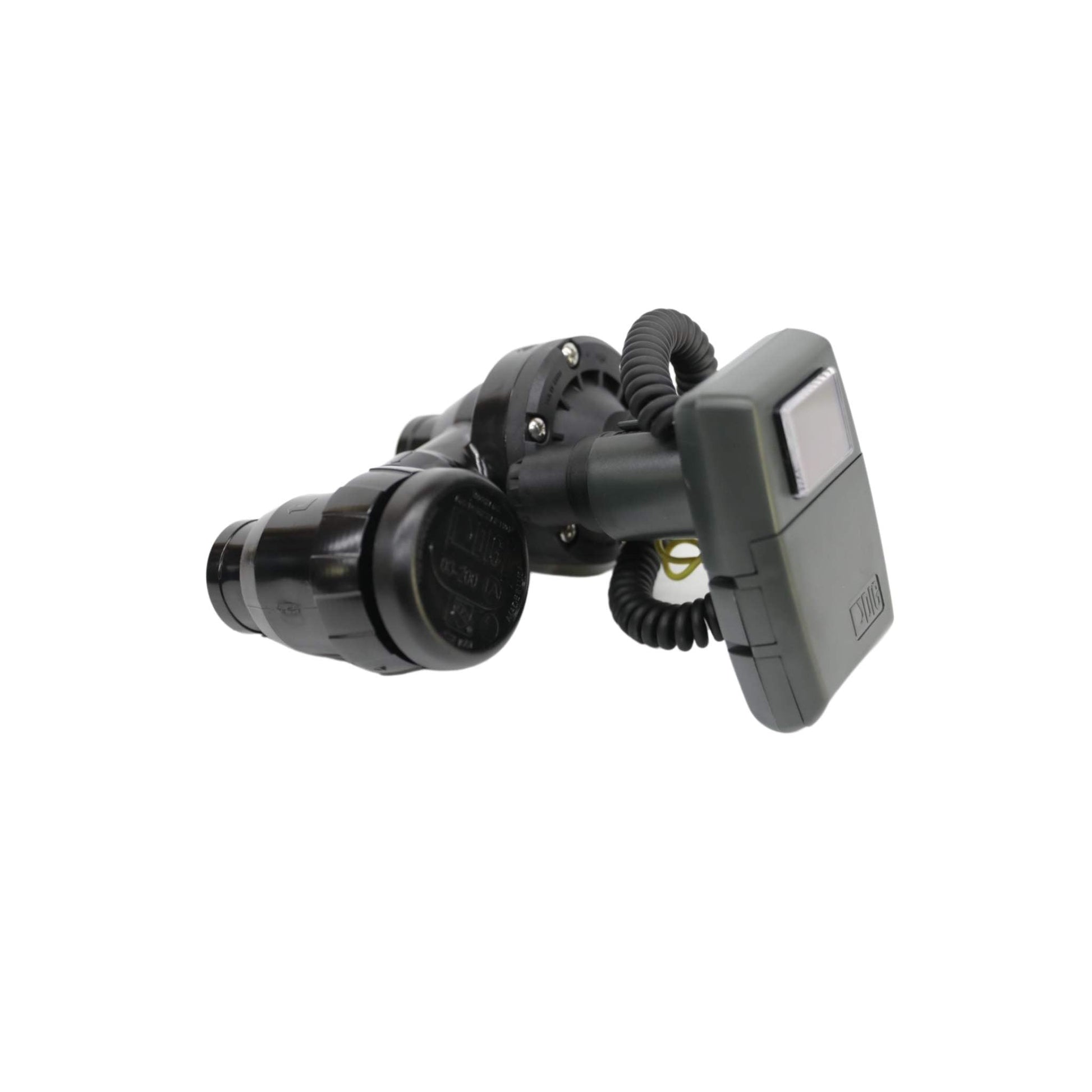 The Bootstrap Farmer LEIT 1 Irrigation Controller with 3/4 Anti-Siphon Valve elegantly combines precise engineering, much like photovoltaic modules. It features a sleek design and intuitive control panel on a white background, connected by a black coiled cord.