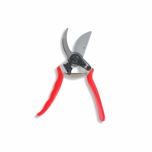 The Bootstrap Farmer Red Line Bypass Pruner features ergonomic red handles and sharp silver high-carbon steel blades, displayed open on a white background.