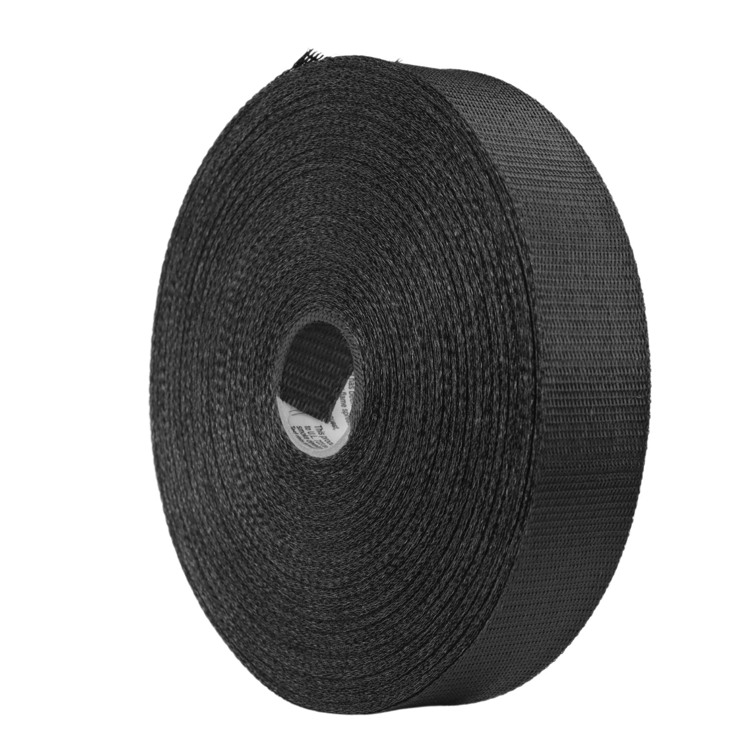 A large roll of Bootstrap Farmers Wellington Batten Tape for Greenhouse Plastic, black and UV-resistant, stands upright against a white background. The 1.75 x 300 ft material showcases its durable textured surface, ideal for straps and harnesses.