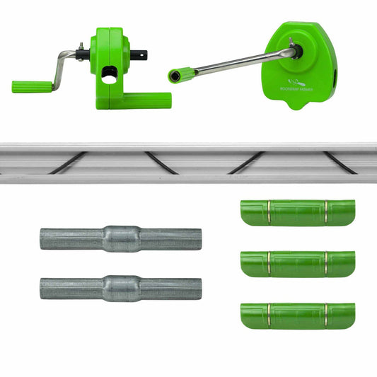 Bootstrap Farmer product shot showing bright green crank handles and end caps with silver connecting tubes and a gray track system