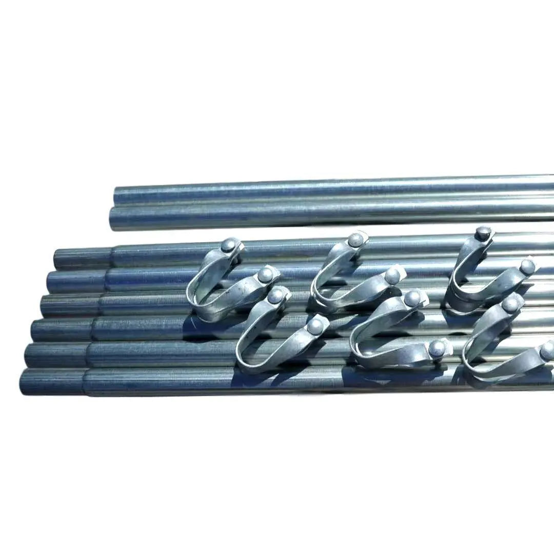 The Purlin Hoophouse Upgrade Set by Bootstrap Farmer includes metal rods and U-shaped hooks with bolts, all arranged on a white background—perfect components for assembling purlins in hoop houses or high tunnels.