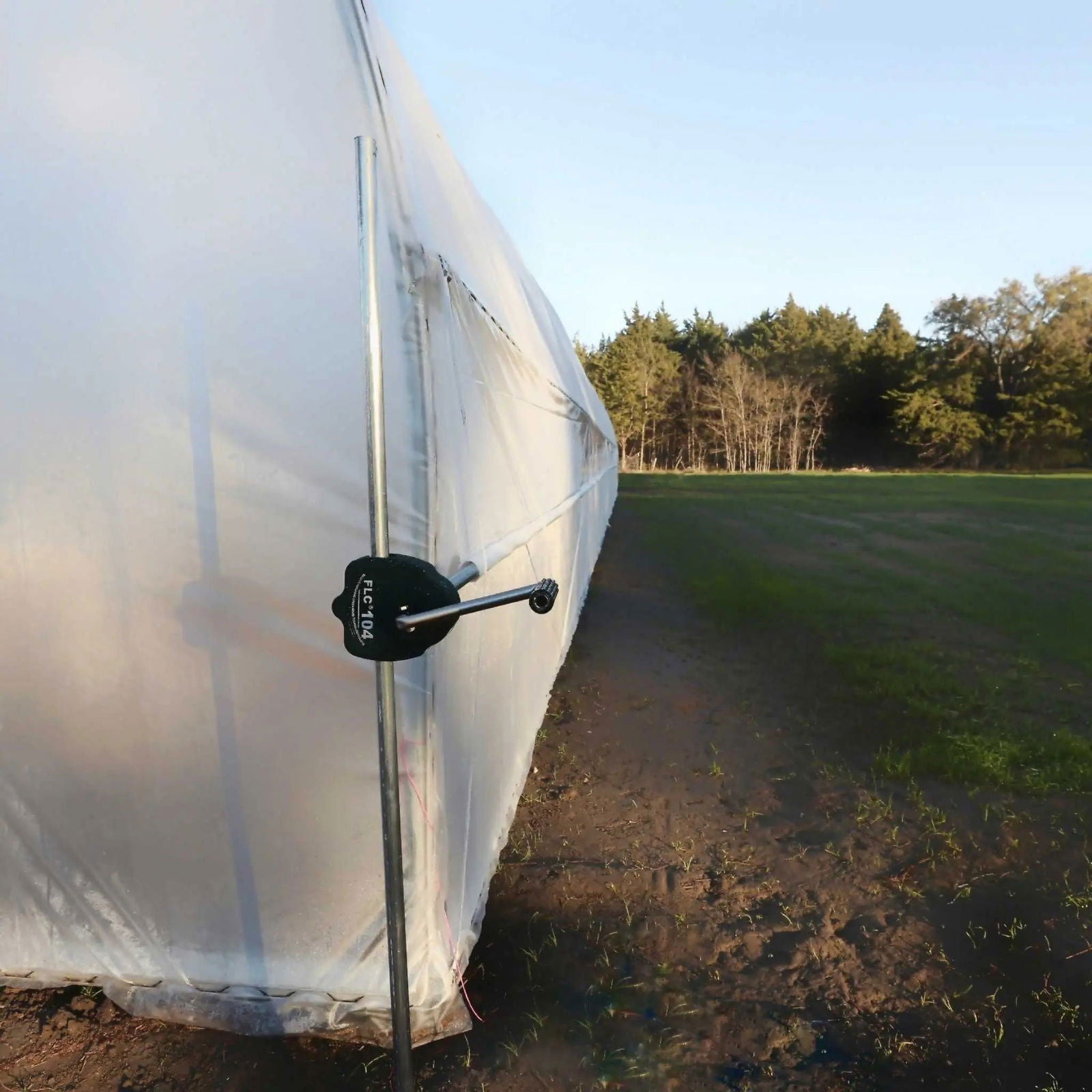 Photograph of a white plastic high tunnel greenhouse in a rural field with a dark green FLC-104 clamp and a line of trees in the background