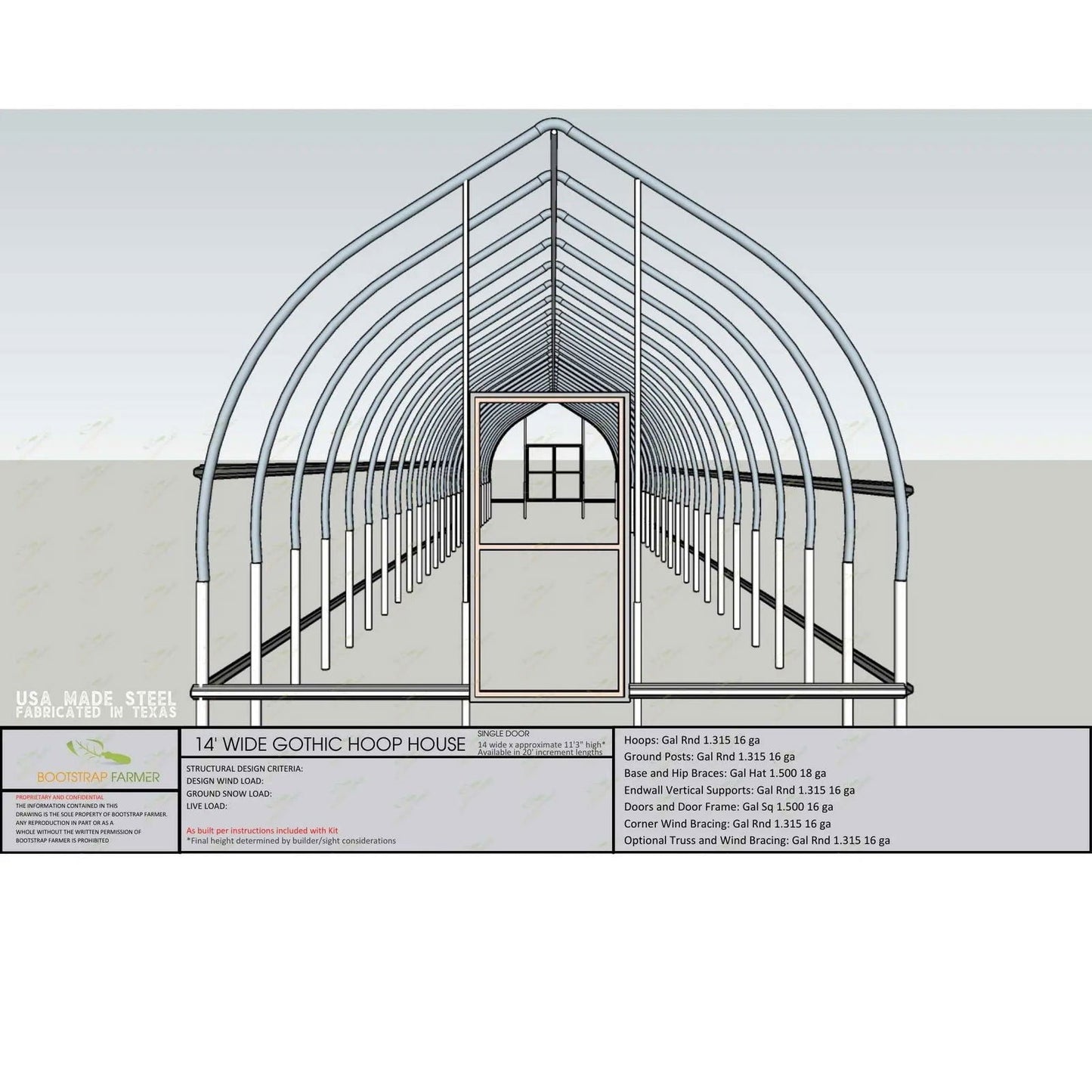 Bootstrap Farmer architectural drawing of a 14-foot-wide gothic hoop house featuring multiple arched supports, a central entrance, and detailed specifications for galvanized steel components in light blue and white
