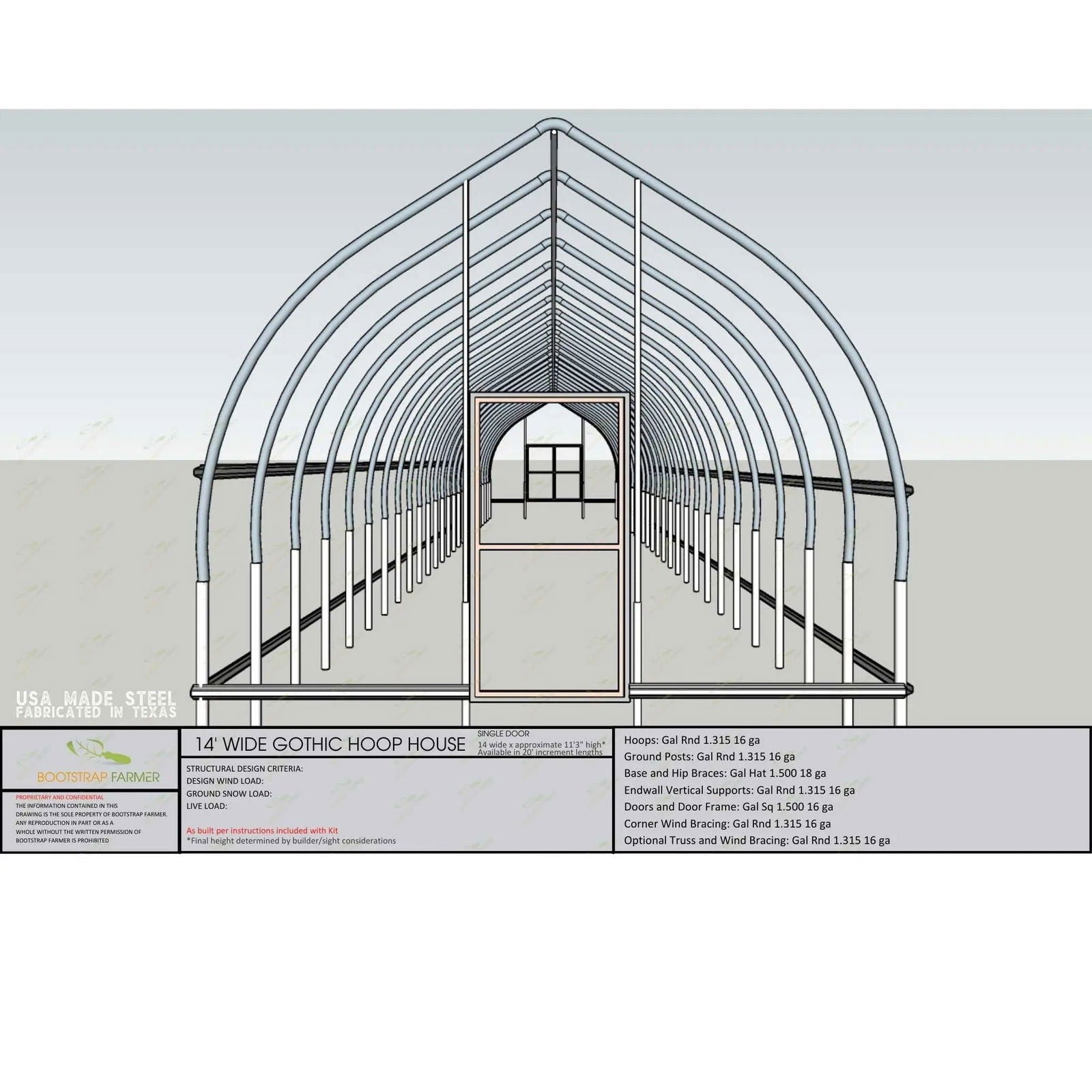 Bootstrap Farmer architectural drawing of a 14-foot-wide gothic hoop house featuring multiple arched supports, a central entrance, and detailed specifications for galvanized steel components in light blue and white
