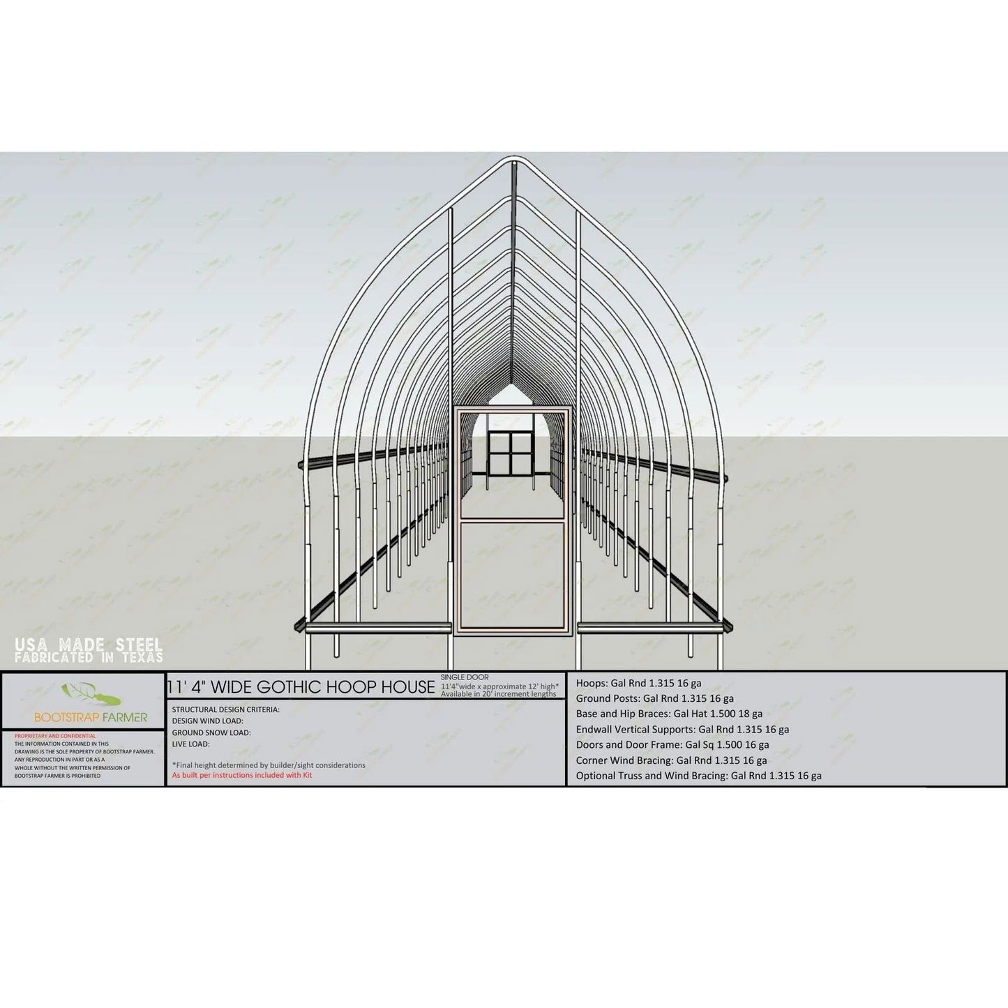 Front-view technical drawing of the Bootstrap Farmer Gothic All-Metal Hoop House Kit, 14 ft wide and US-made, displaying its steel frame structure. Specifications are provided beneath the image.