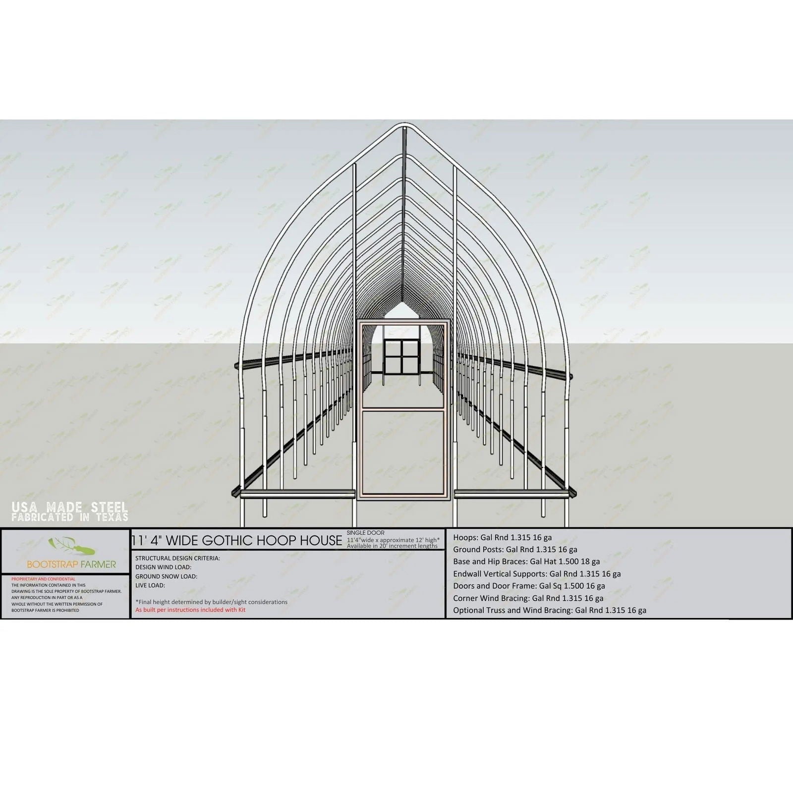 Front-view technical drawing of the Bootstrap Farmer Gothic All-Metal Hoop House Kit, 14 ft wide and US-made, displaying its steel frame structure. Specifications are provided beneath the image.
