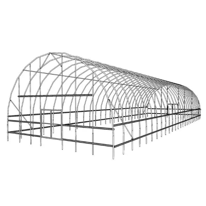 Line drawing of a greenhouse structure with arched roof and a central door featuring numerous evenly spaced vertical supports and horizontal cross beams