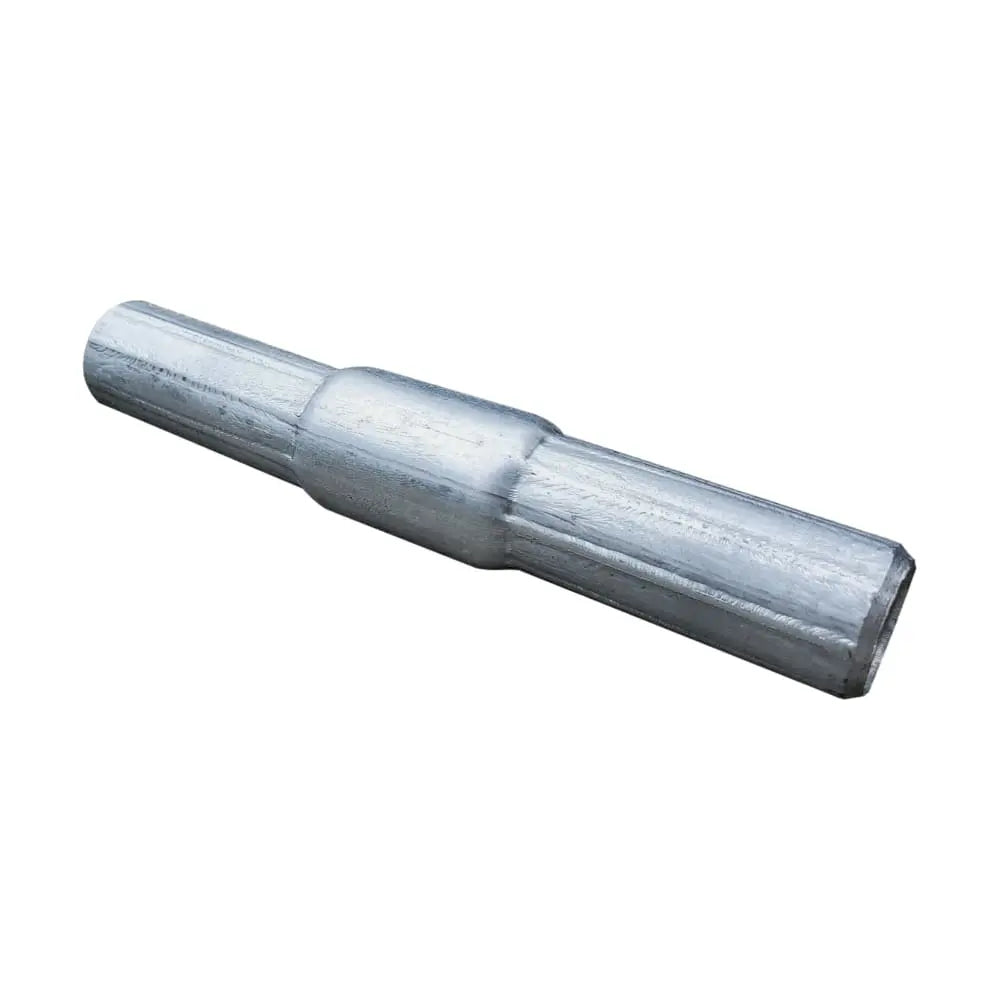 Close-up of a galvanized steel coupler showing a textured surface and a central, slightly wider section used for joining scaffolding pipes