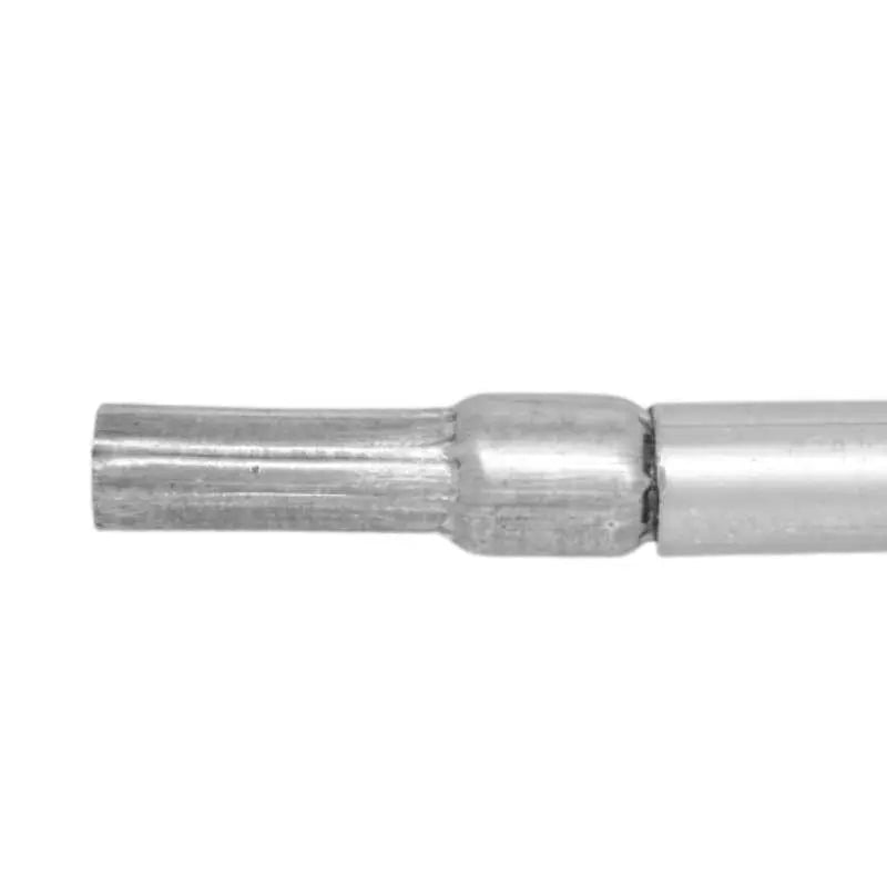 Close-up of a metallic pipe showing a ribbed section a smooth cylindrical section and a welded joint
