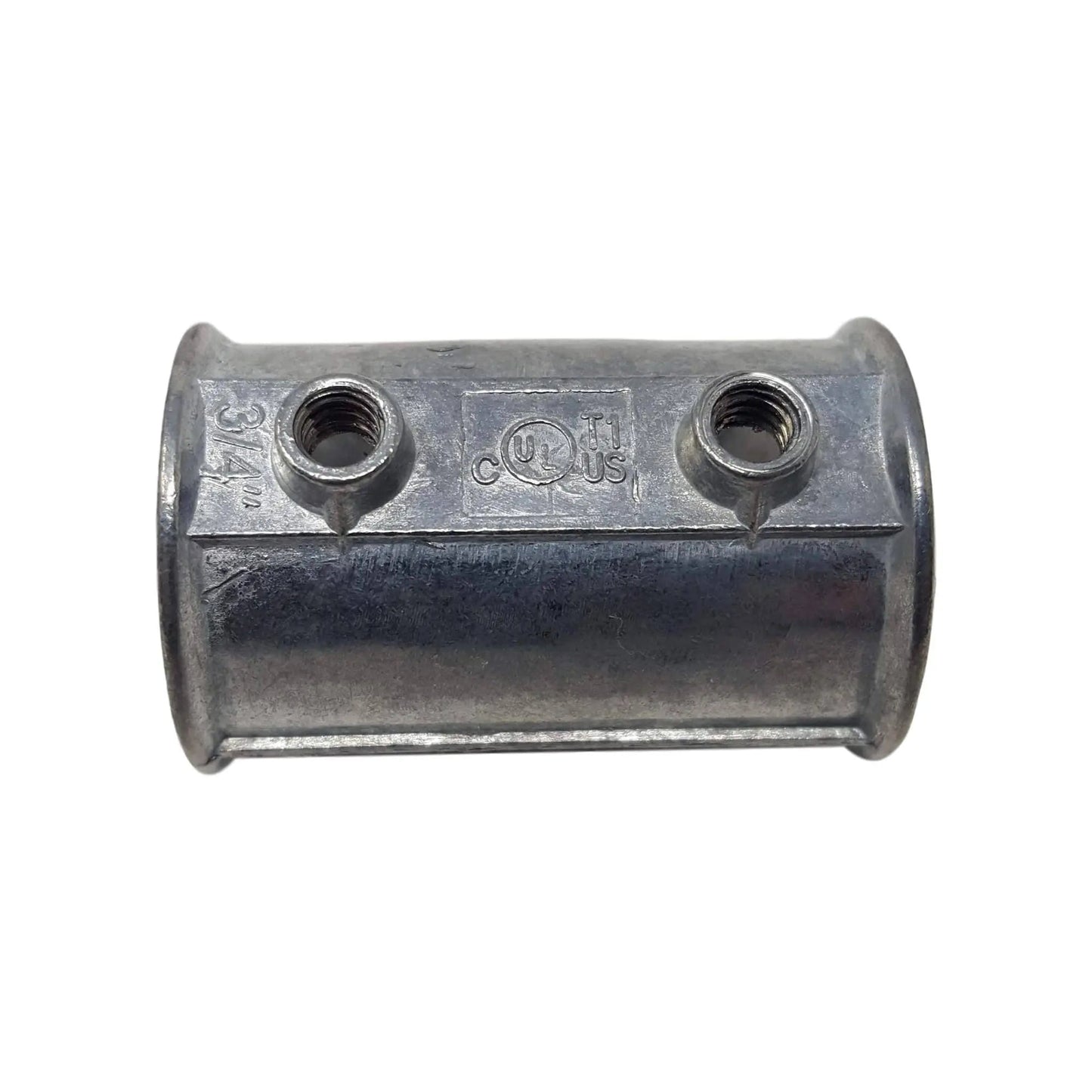 The Bootstrap Farmer Die Cast EMT Coupling - 3/4 is a silver metal cylindrical electrical conduit connector made of zinc-plated steel, with two threaded top openings. It features engraved markings, including a logo and dimensions, and boasts a smooth, shiny finish for seamless integration.