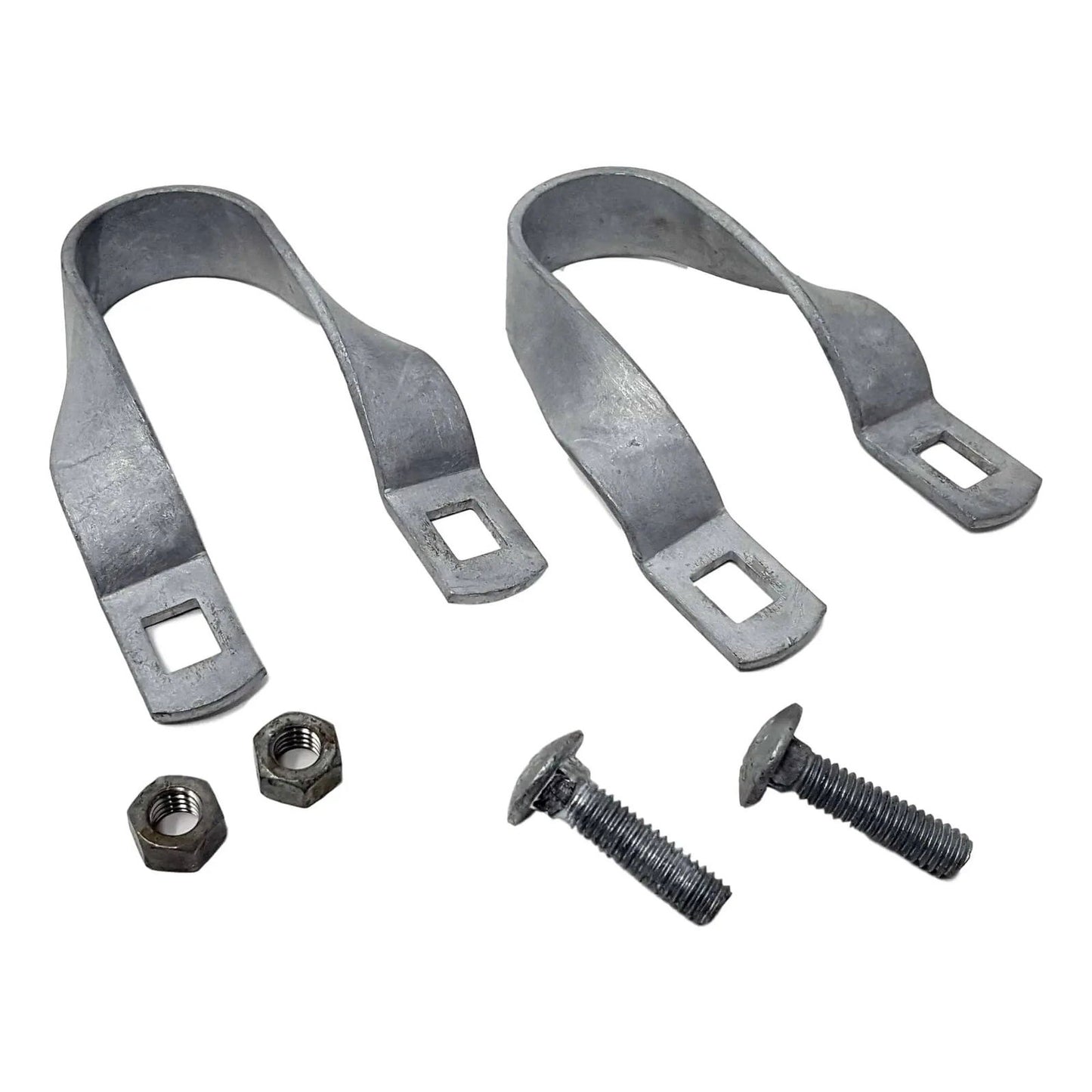 Metal two galvanized steel U-shaped fence clamps with square cutouts accompanied by carriage bolts and nuts against a white background
