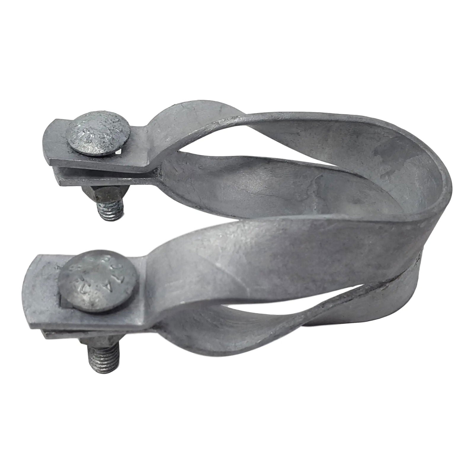Metal clamp with two bolts and a textured surface showing a unique twisted design and galvanized finish
