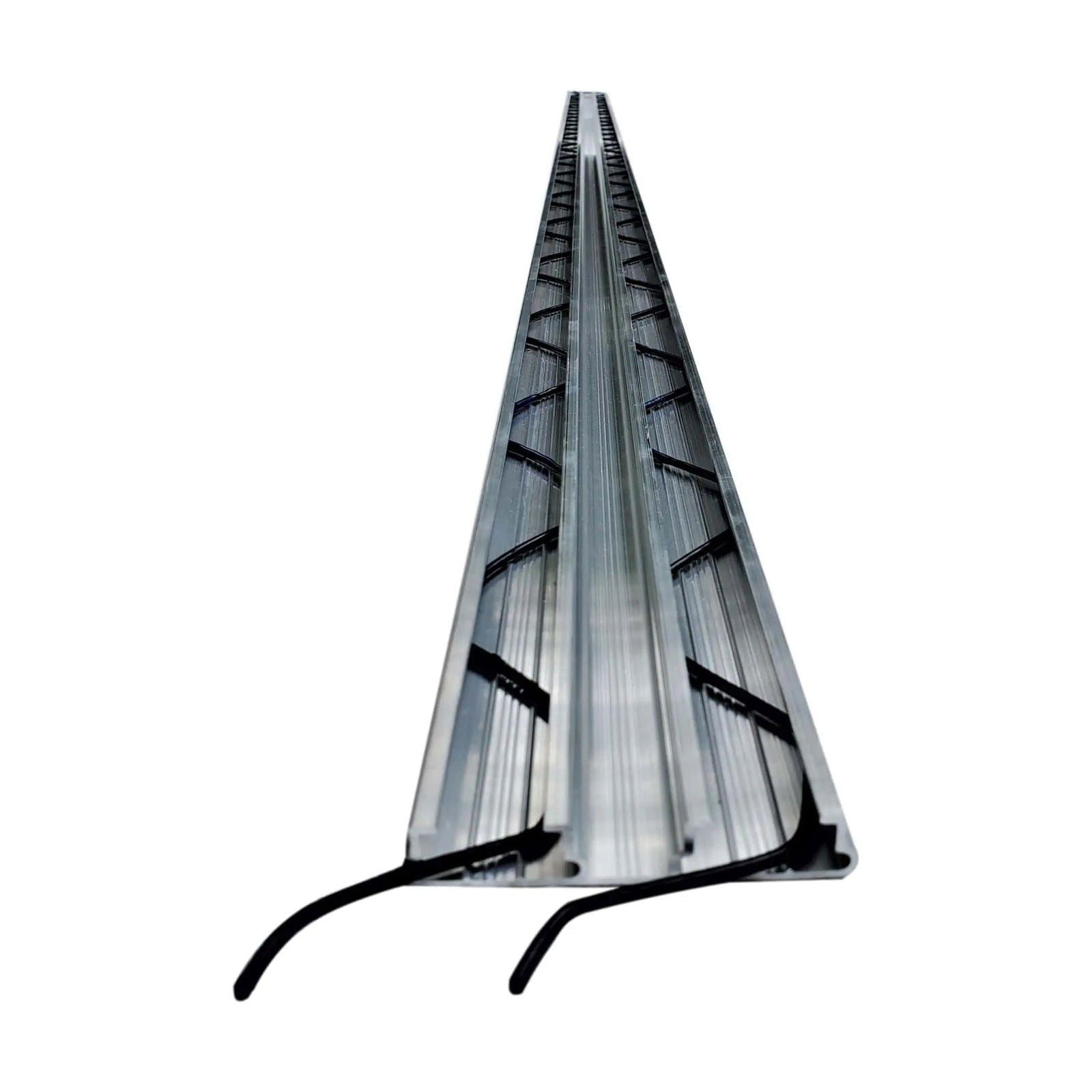 Aluminum extrusion showing a long, slender profile with repeating black rubber inserts and visible wiring along its length
