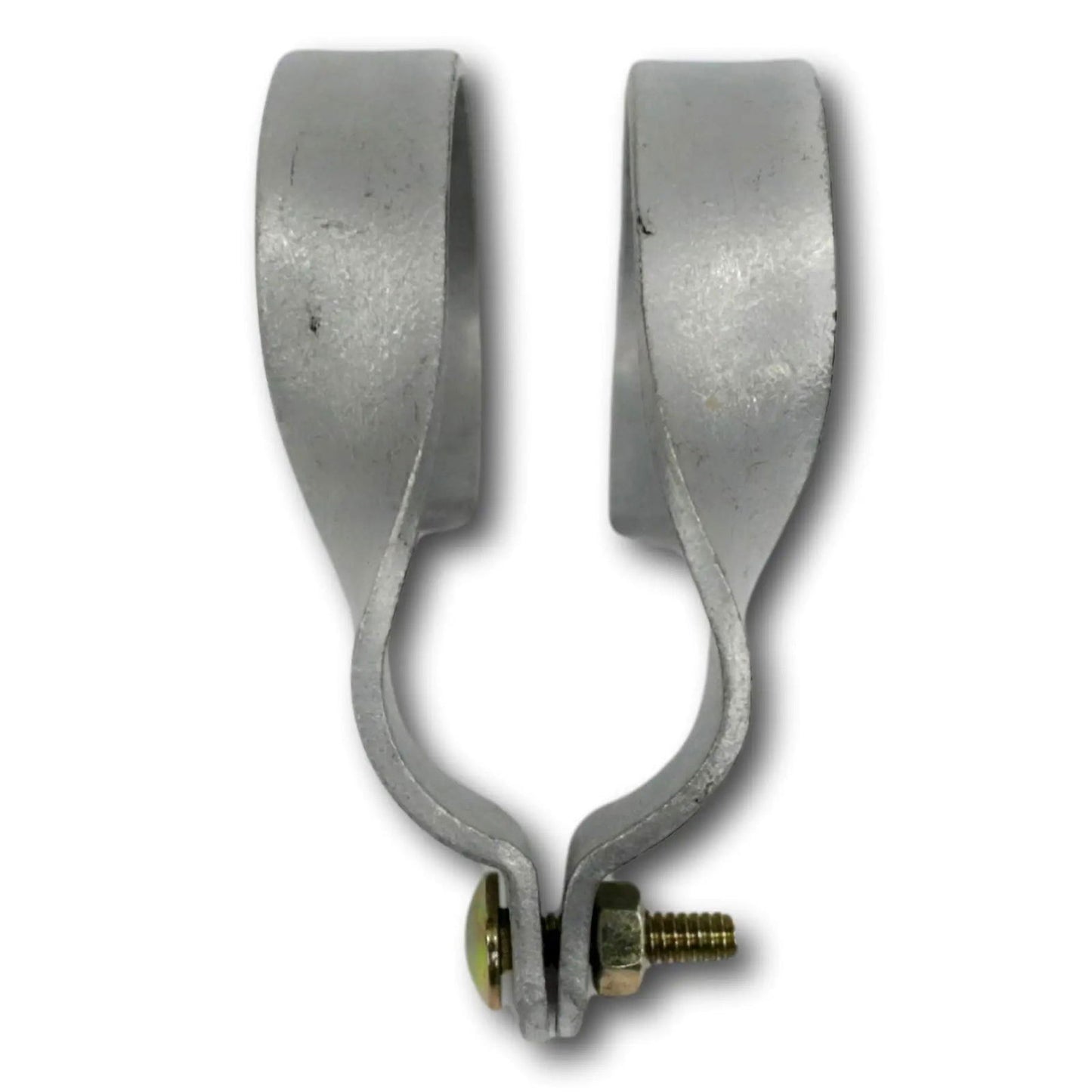 Metal clamp with a U-shaped design featuring a brushed metallic finish and a golden bolt