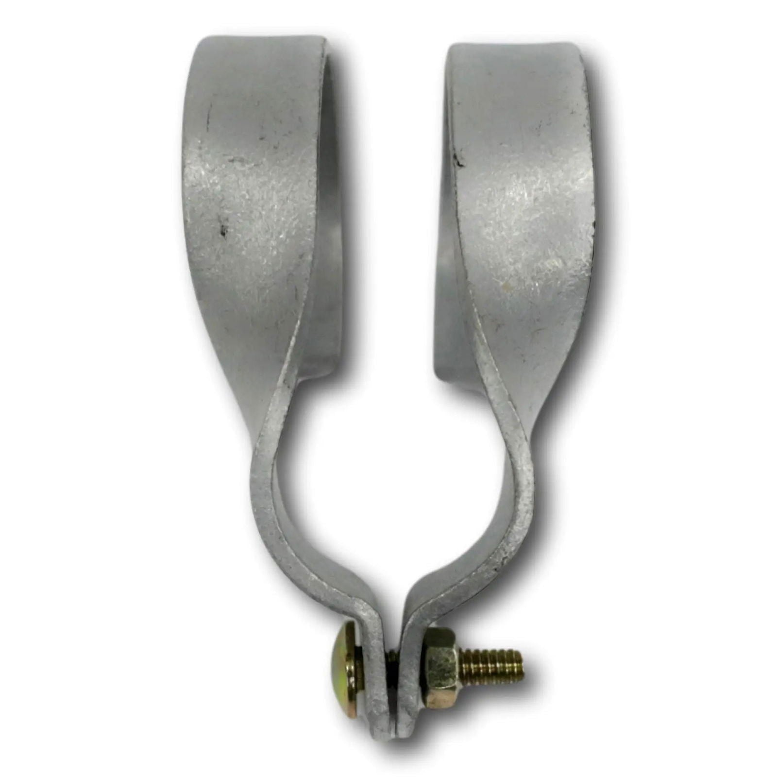 Metal clamp with a U-shaped design featuring a brushed metallic finish and a golden bolt