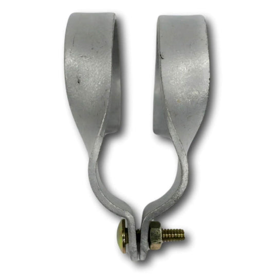 Metal clamp with a U-shaped design featuring a brushed metallic finish and a golden bolt