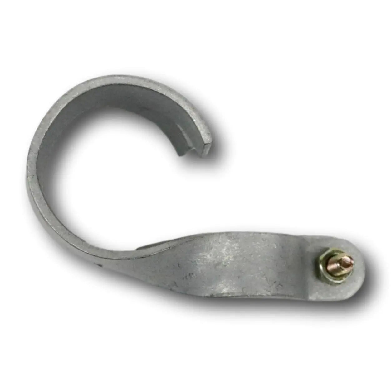 Metal clamp with a slight curve and a small bolt detail showing a galvanized finish and subtle shadows
