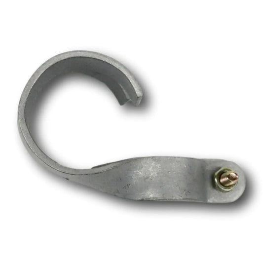 Metal clamp with a slight curve and a small bolt detail showing a galvanized finish and subtle shadows
