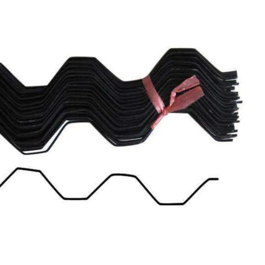 A bundle of black metal plant supports showing a zigzag pattern tied with a red band  ideal for gardening and landscaping projects they are durable and reusable for plant climbing structures.
