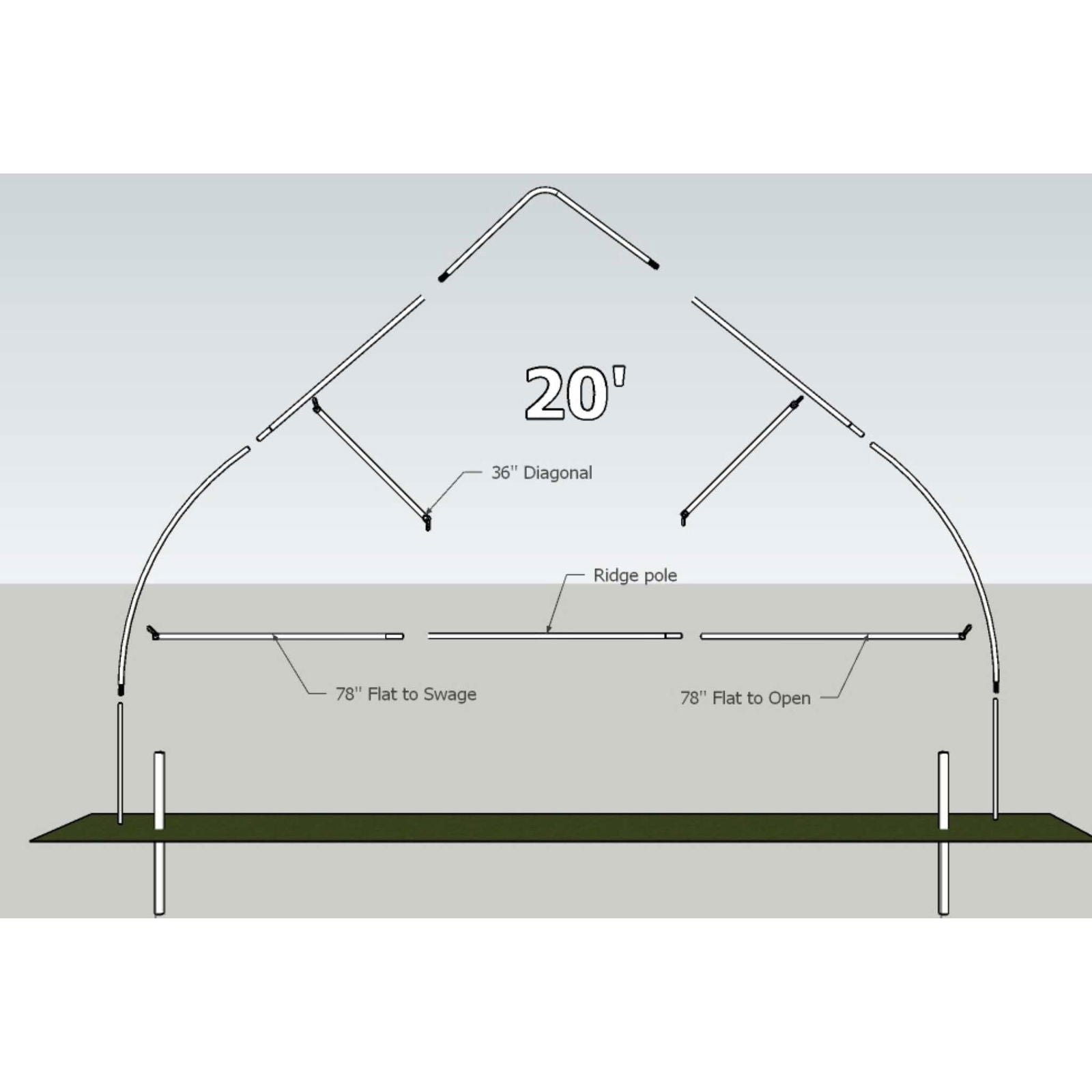 Diagram of the Bootstrap Farmer Truss Kit assembly: a 20-foot arched frame with labeled pole segments, including a 36-inch diagonal, a ridge pole, and 78-inch swaged flat base sections for greenhouse support.