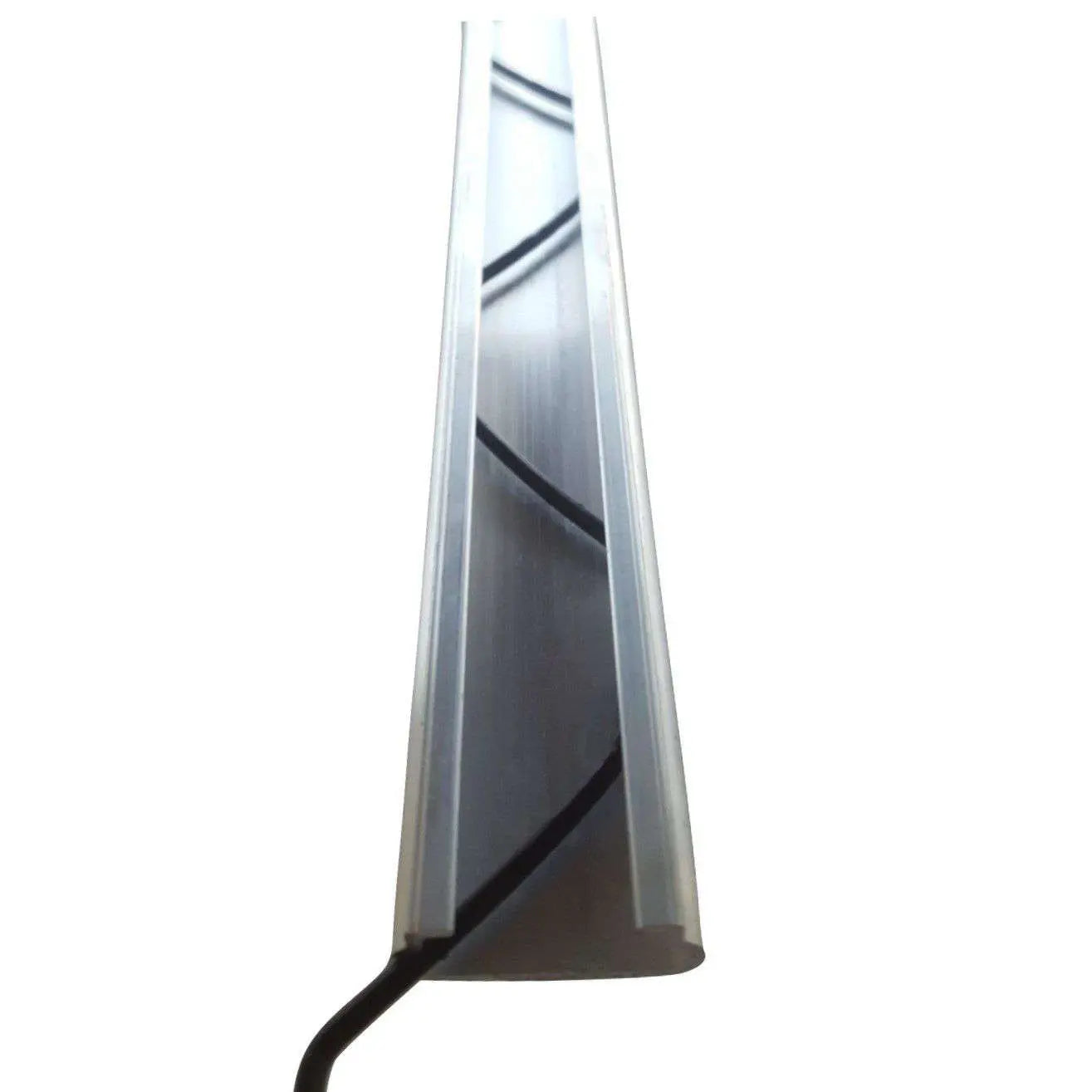 Close-up view of an aluminum extrusion with black internal wiring showing a sleek metallic finish and subtle curves along its length