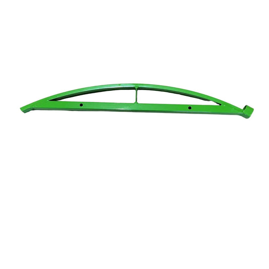 Green metal component showing a bright, curved design with central support and small holes for attachment.
