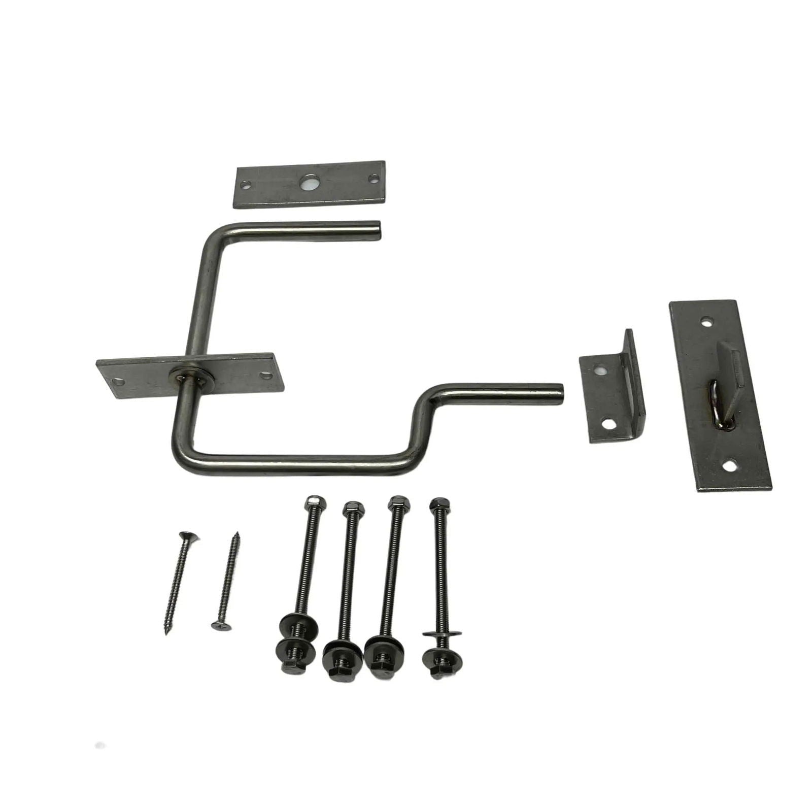 Stainless steel gate latch hardware kit showing a main latch mechanism,  four long bolts, and two shorter screws with washers, against a white background

