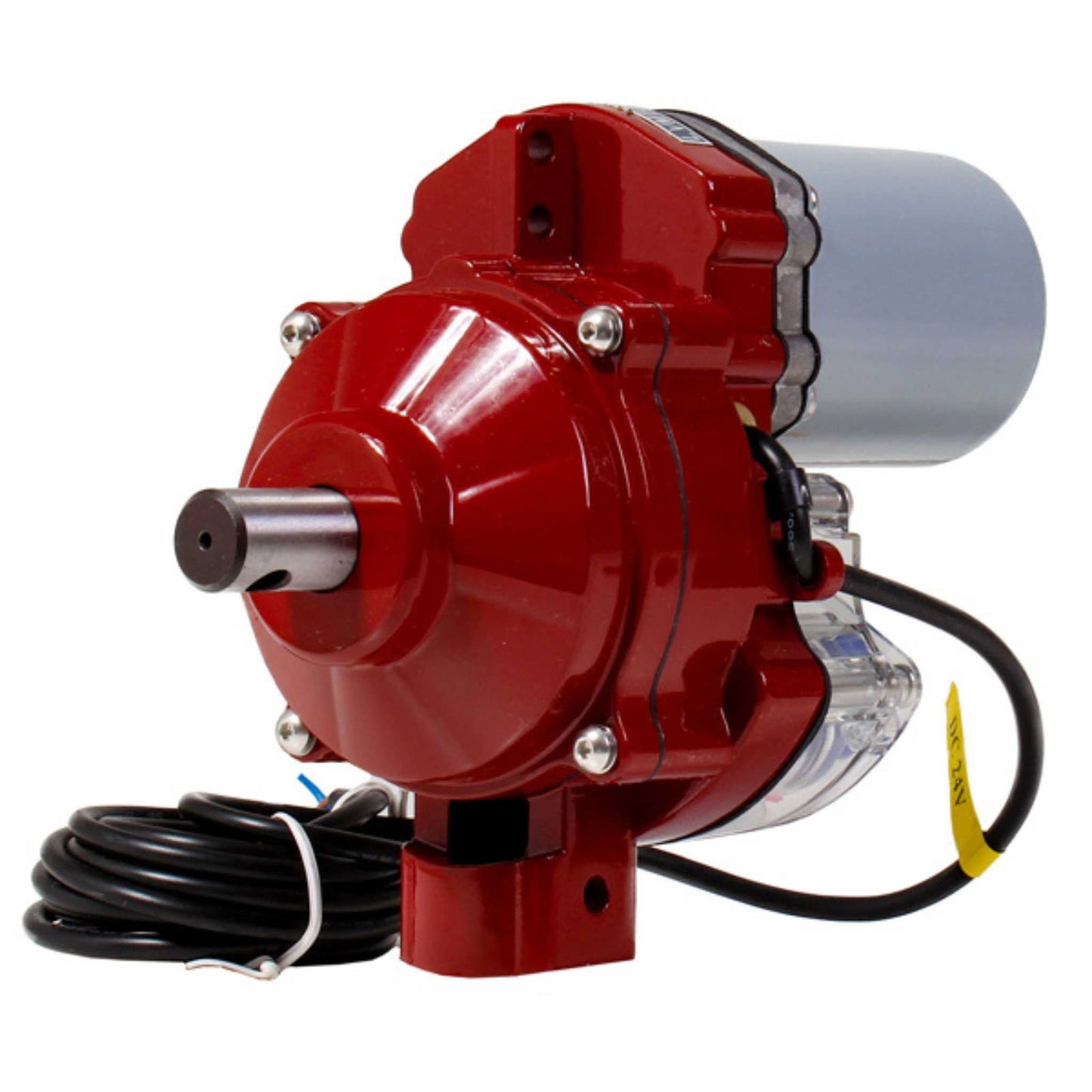 The Bootstrap Farmer Automated Roll-Up Sides Motor features a red cylindrical metal housing, visible mounting points, a power cable, and a front rotating shaft—ideal for greenhouse sidewall automation and roll-up ventilation systems.