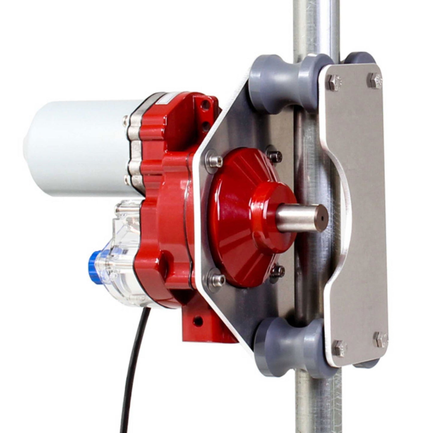 A close-up of the Bootstrap Farmer Automated Roll-Up Sides Motor, a red and silver unit mounted vertically with gray rollers and power cable—designed for efficient greenhouse sidewall ventilation automation.