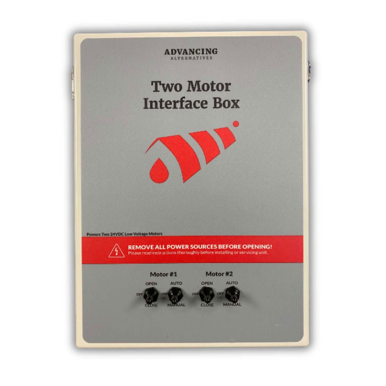 A gray rectangular box labeled Automated Roll-Up Sides Motor by Bootstrap Farmer features four switches for controlling two motors, ideal for greenhouse sidewall automation. The box displays red warning instructions and the Bootstrap Farmer logo at the top.