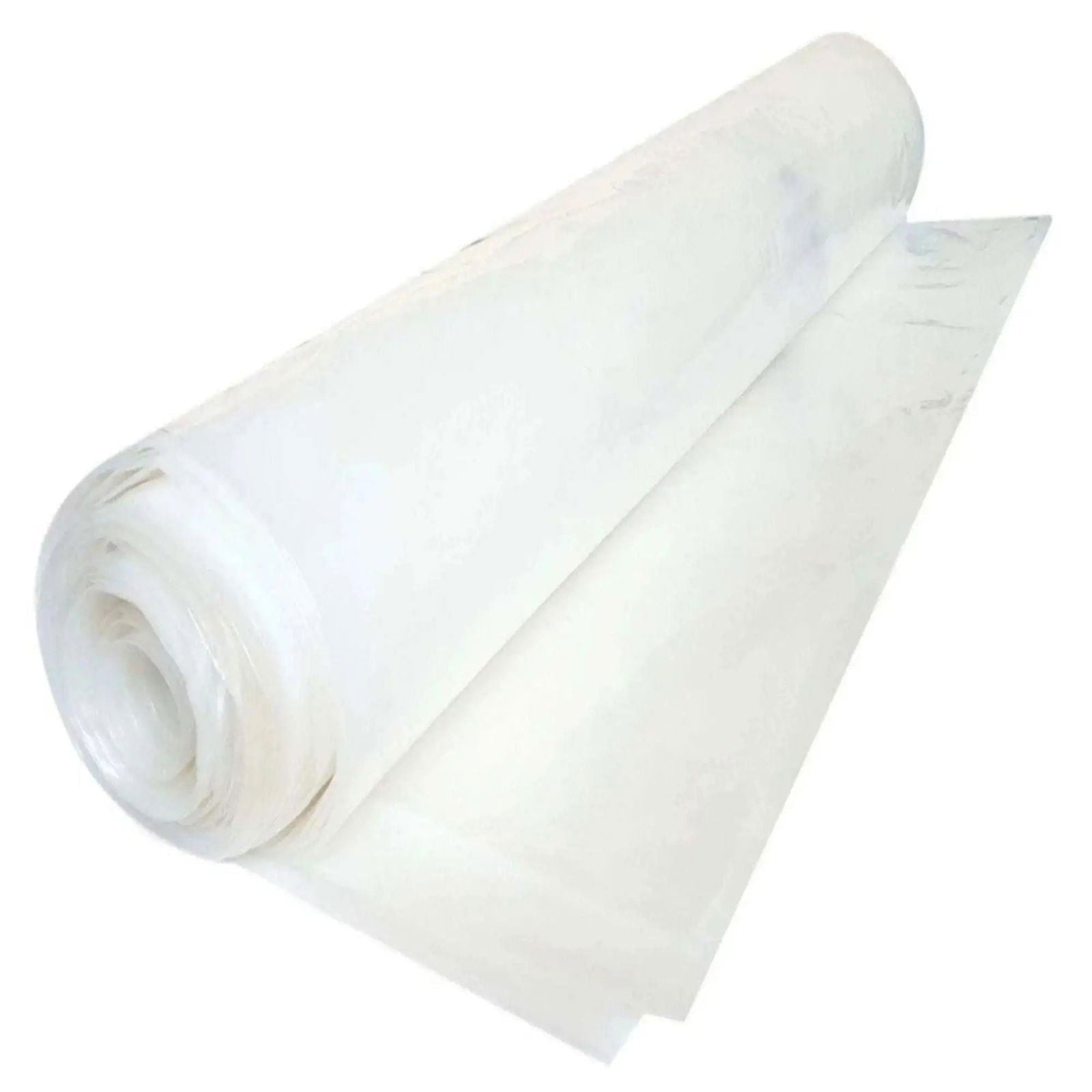 A roll of white polyethylene sheeting shows its translucent quality and layered texture against a white background