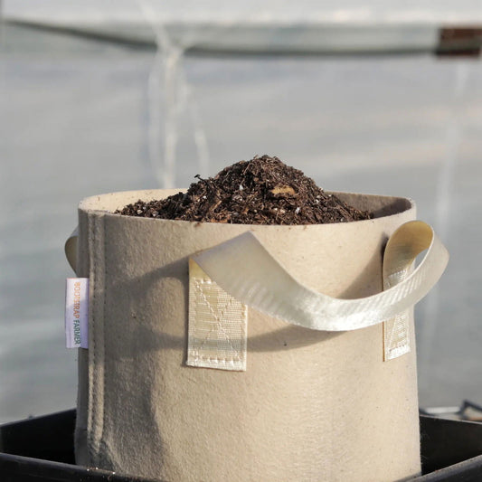 Bootstrap Farmer fabric grow bag filled with dark brown soil showing a beige fabric texture and off-white handles against a blurred greenhouse background
