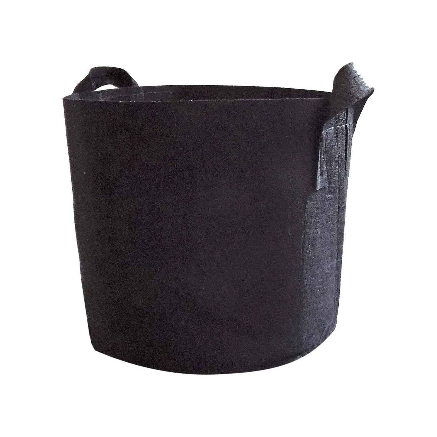 Fabric grow bag with two handles showing a dark gray seam detail and slightly frayed top edge
