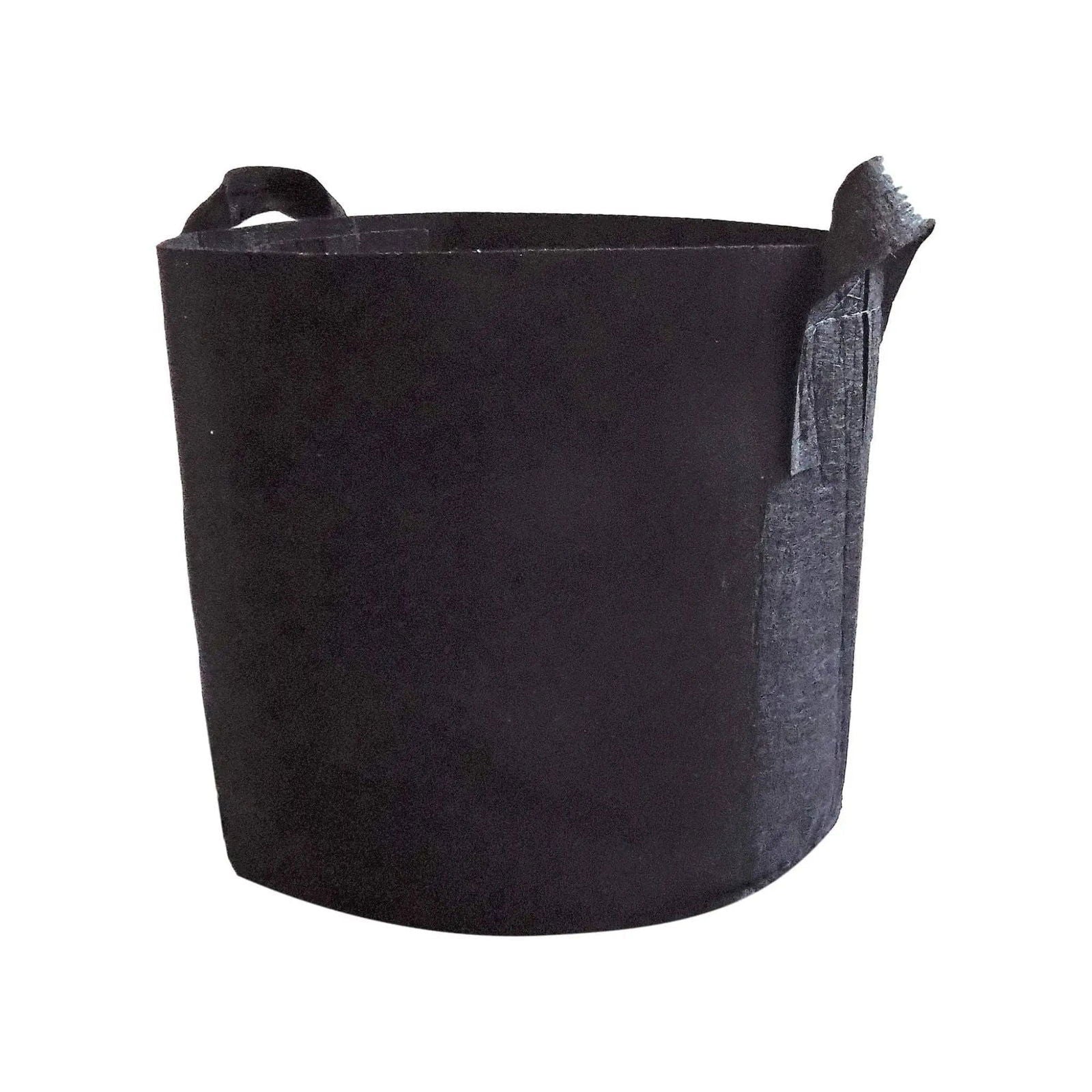 Fabric grow bag with two handles showing a dark gray seam detail and slightly frayed top edge
