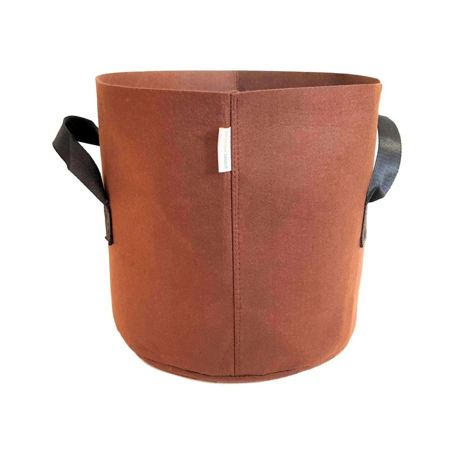 Unknown artist, felt fabric planter with black handles, a rich terracotta color, showing a subtle textured surface and a small white label