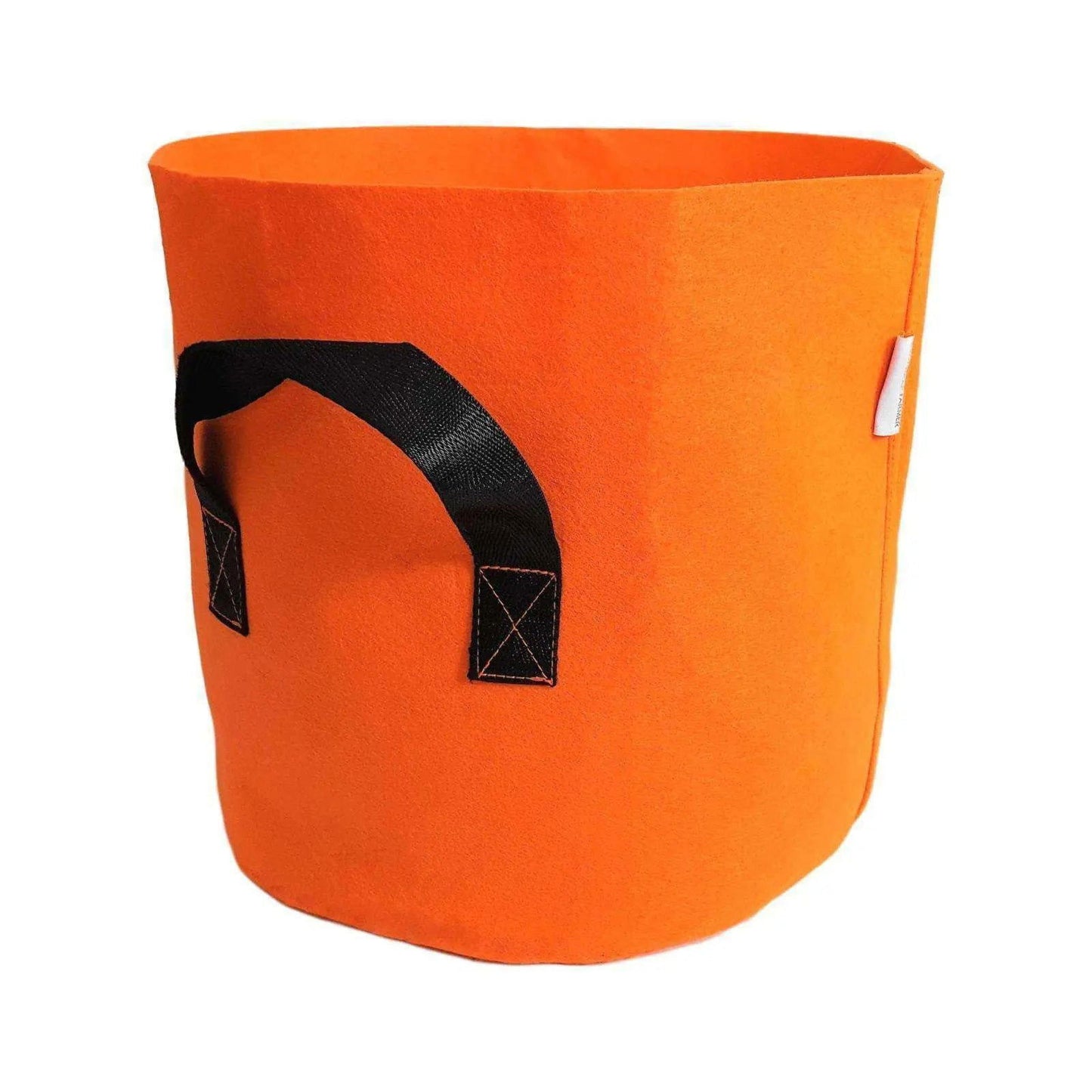 Fabric plant grow bag with a black handle and vibrant orange color featuring reinforced stitching details
