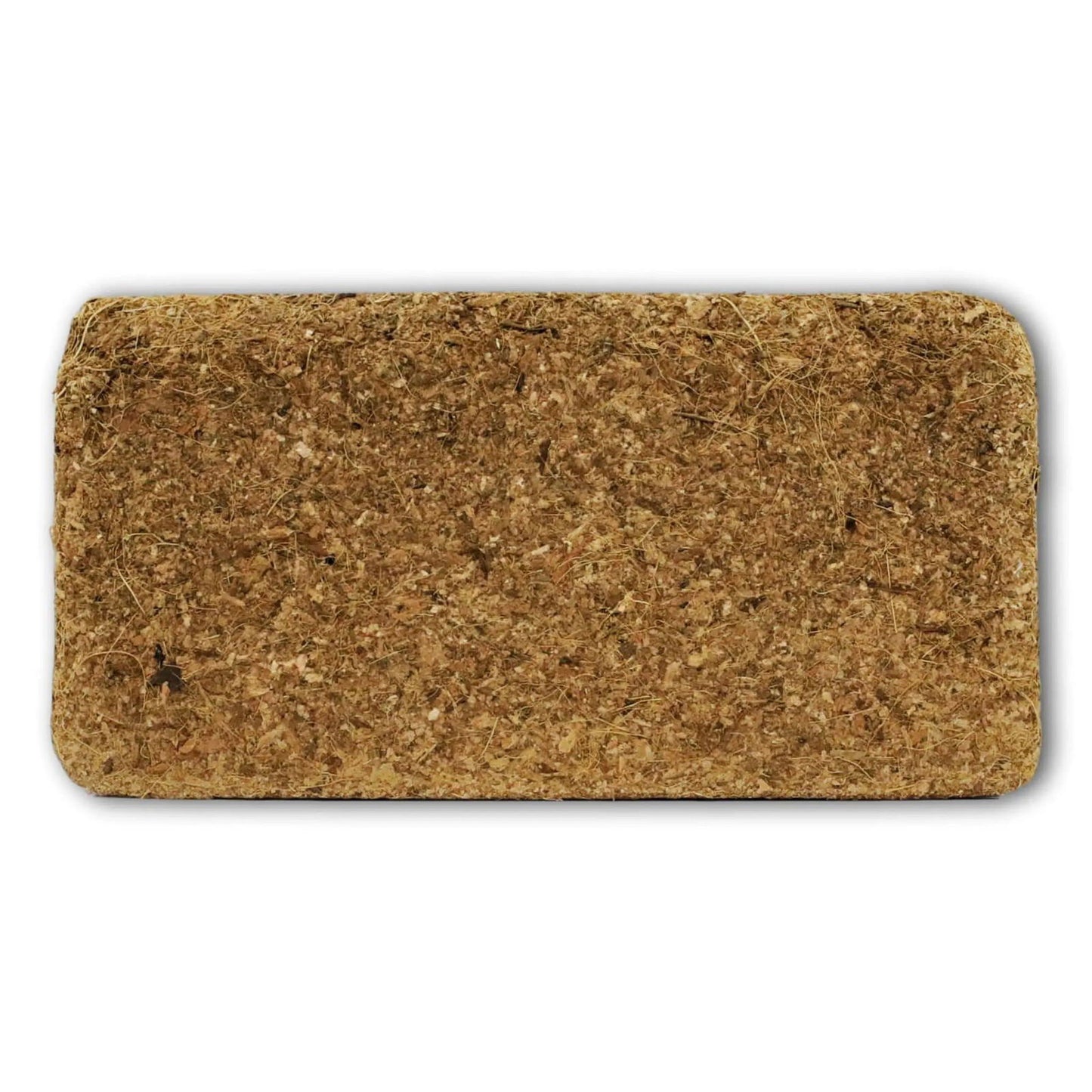 A photograph of a compressed coconut coir brick showing its fibrous texture and light and dark brown hues.
