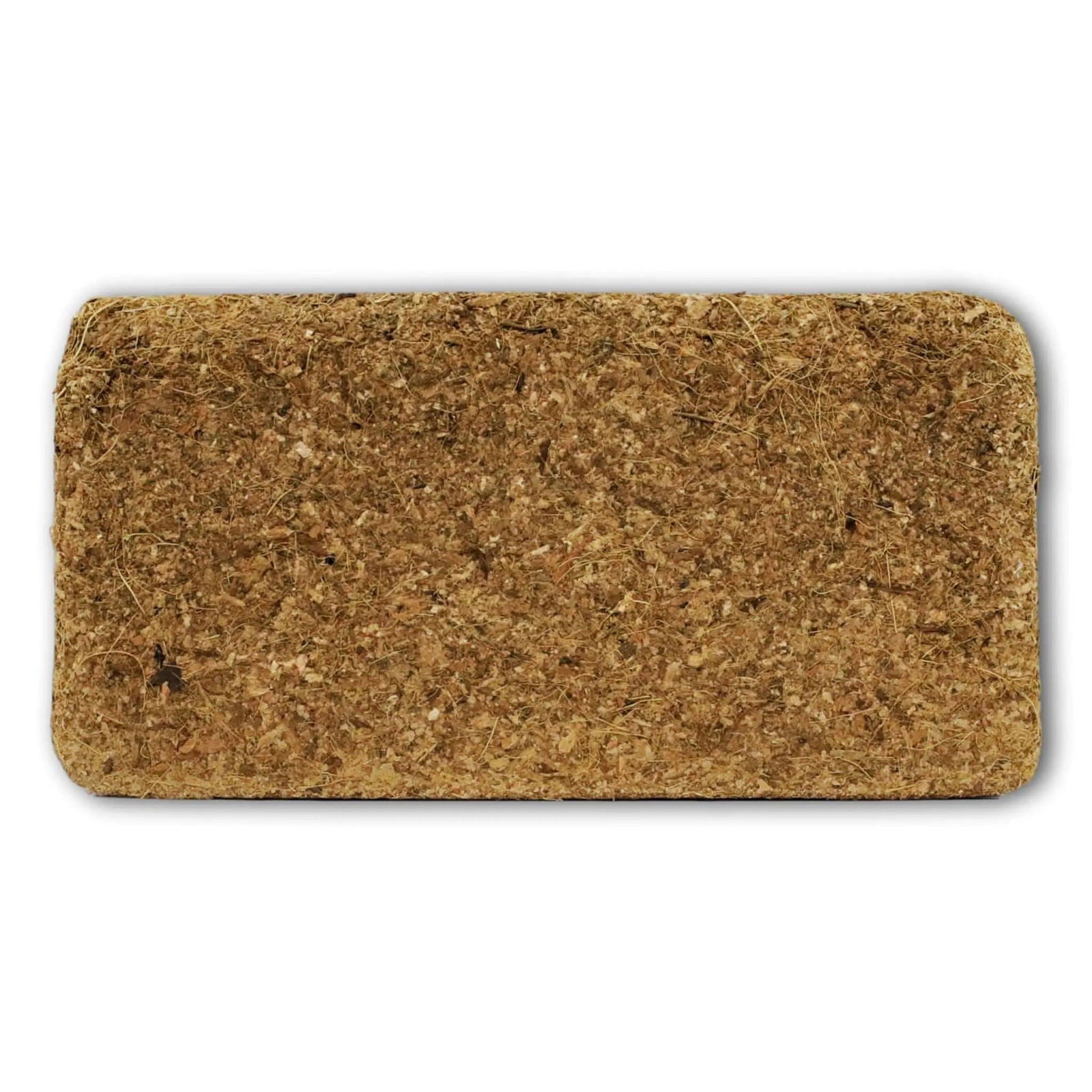 A photograph of a compressed coconut coir brick showing its fibrous texture and light and dark brown hues.
