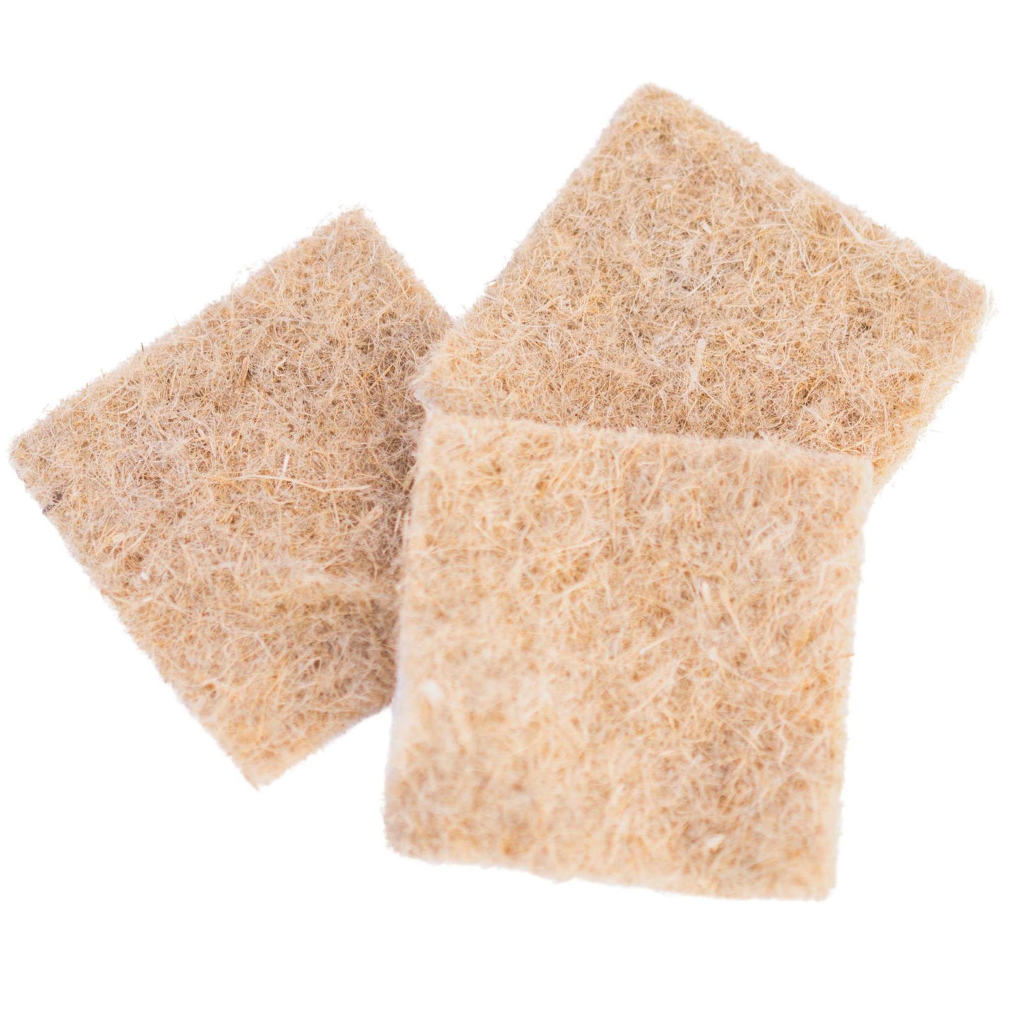 Three pieces of light beige hemp fiber insulation showing a fluffy texture and subtle variations in shade