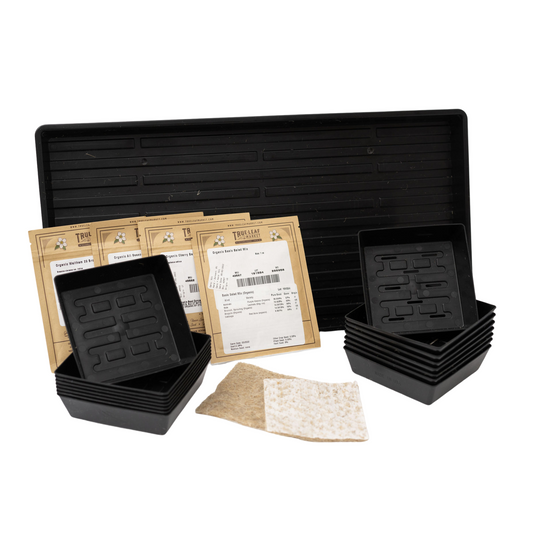 Product photo showing True Leaf Market organic basic salad mix seed starting kit including a large black seed starting tray, ten smaller black seed starting cells, seed packets, and a jute seed starting mat